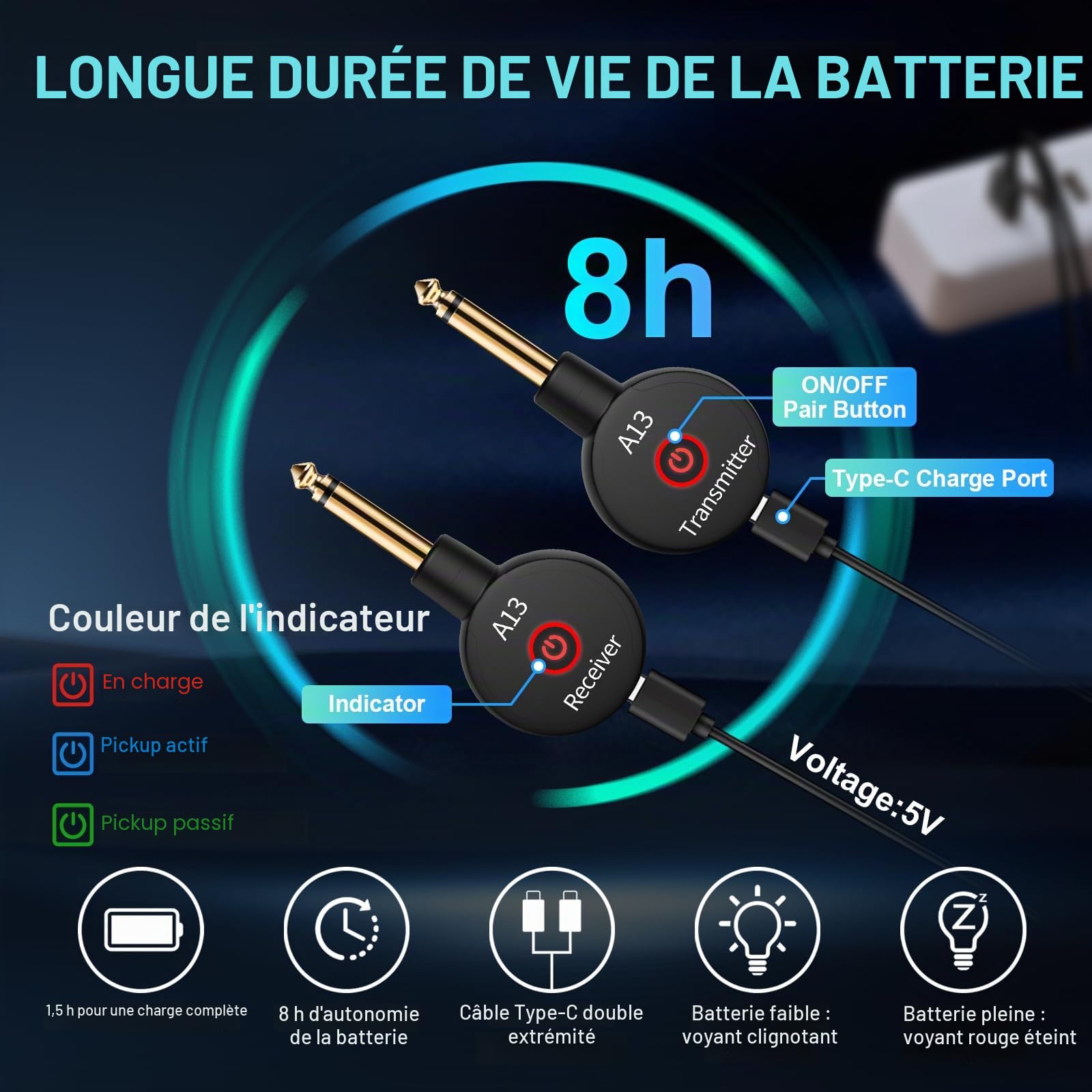 A13-2 Système de guitare sans fil 2,4 GHz 2 modes, taille du pouce, batterie Li-ion rechargeable, portée de 100 m, 10 heures, Plug & Play pour guitare, basse, violon (1TX + 1RX)