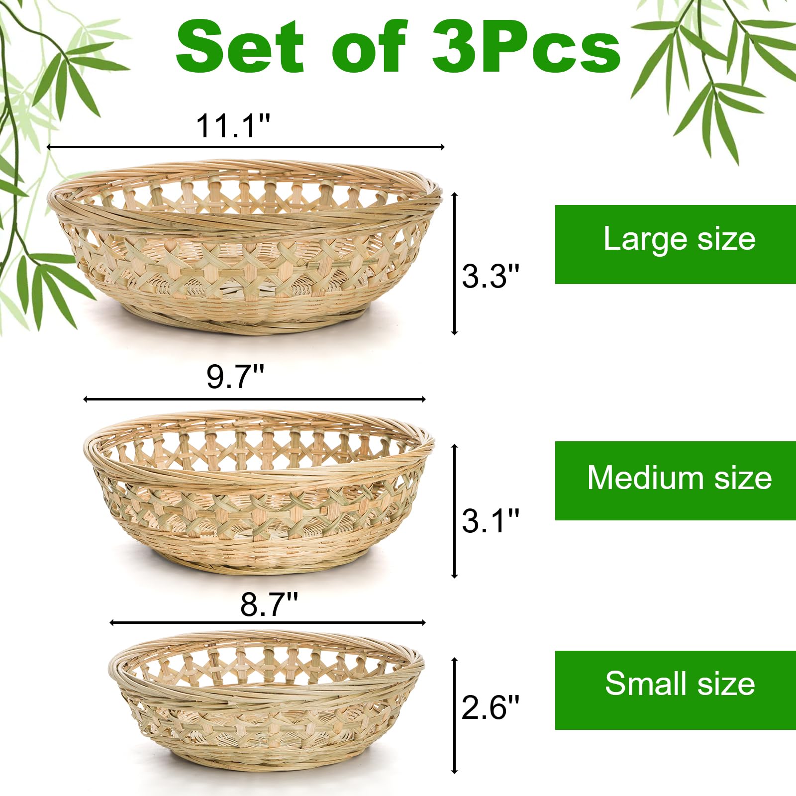 ZENFUN 3 Packs Round Wicker Bread Basket, Bamboo Serving Trays, Handwoven Baskets for Serving, Woven Fruit Basket, Rattan Wicker Serving Basket for Daily Dinning, Kitchen Organization, Stackable