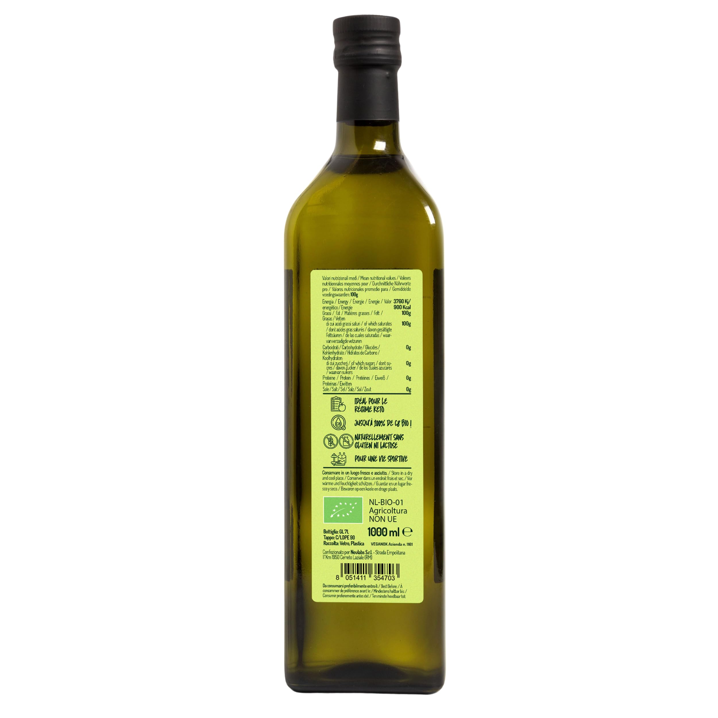 Huile MCT C8 Pure Biologique Pressée à Froid - 1LT. MCT Oil Commestibile Bio pour Keto Paleo ou pour Usage sur Corps et Cheveux. Huile Vegan et Végétarienne. - Bio Oil