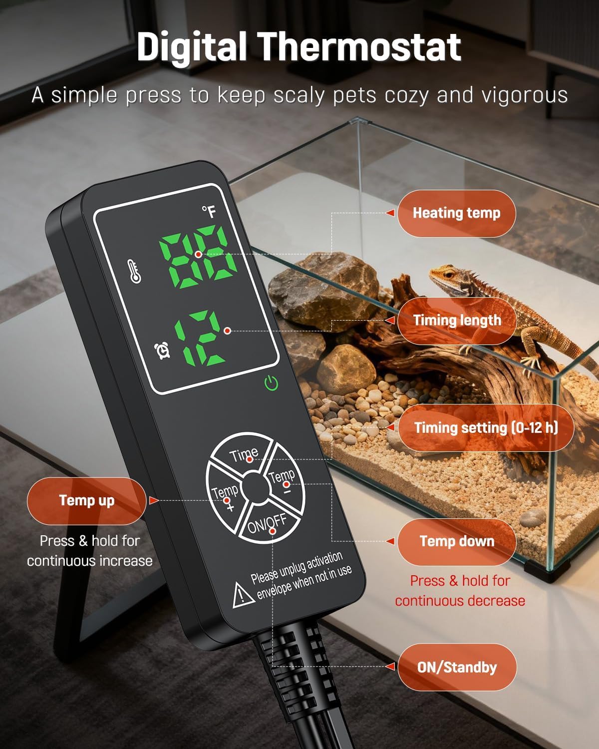 Pawfly Reptile Heat Pad with Thermostat & Timer - Reptile Heating Pad 8 x 5.9 Inch, 7 W Hermit Crabs Heating Pads, Heat Mat for Reptiles Turtles Frogs Snakes Lizards Geckos Plants Seedlings - image 4