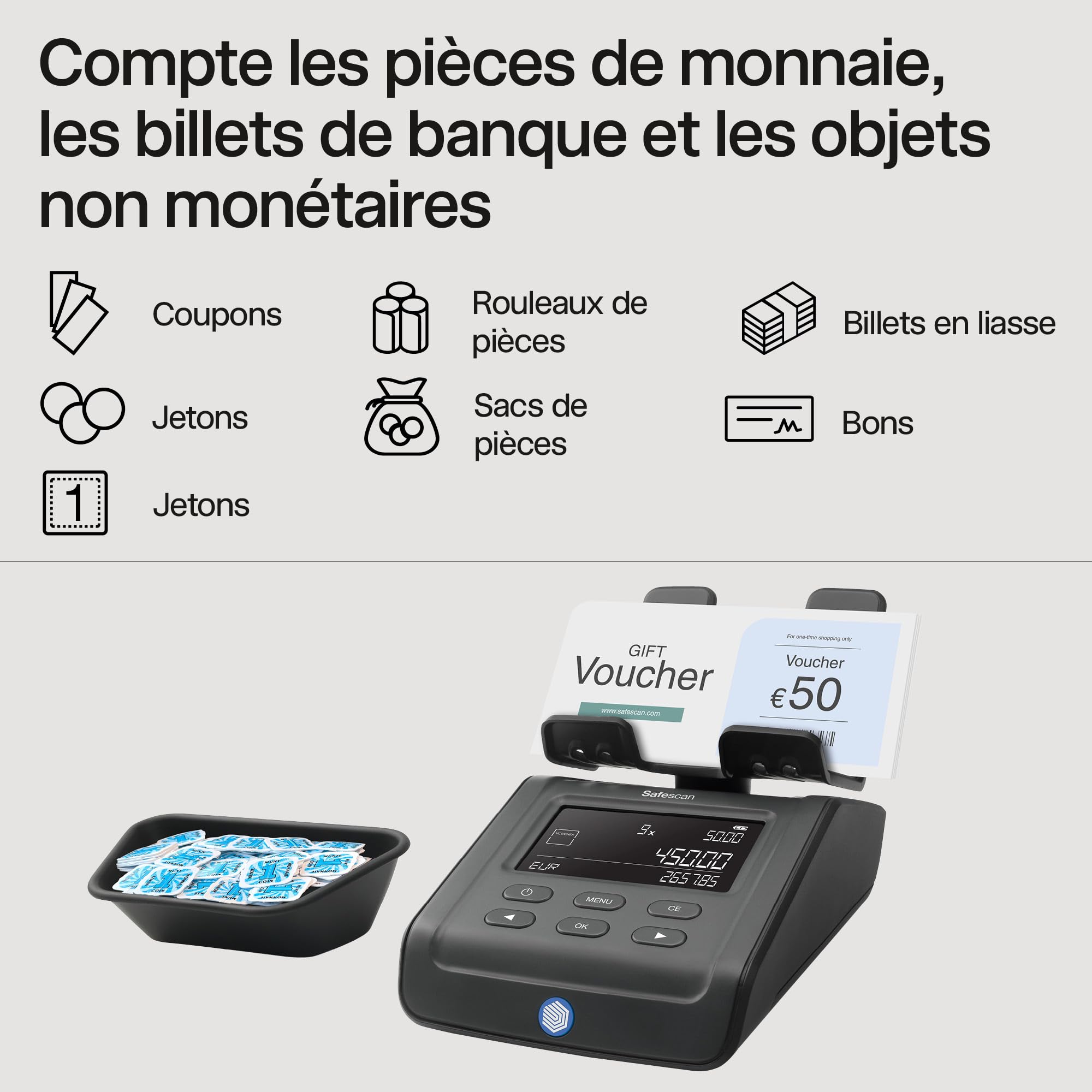 Safescan 6175 compteuse de pièces et billets avec reconnaissance automatique du rouleau de pièces et balance