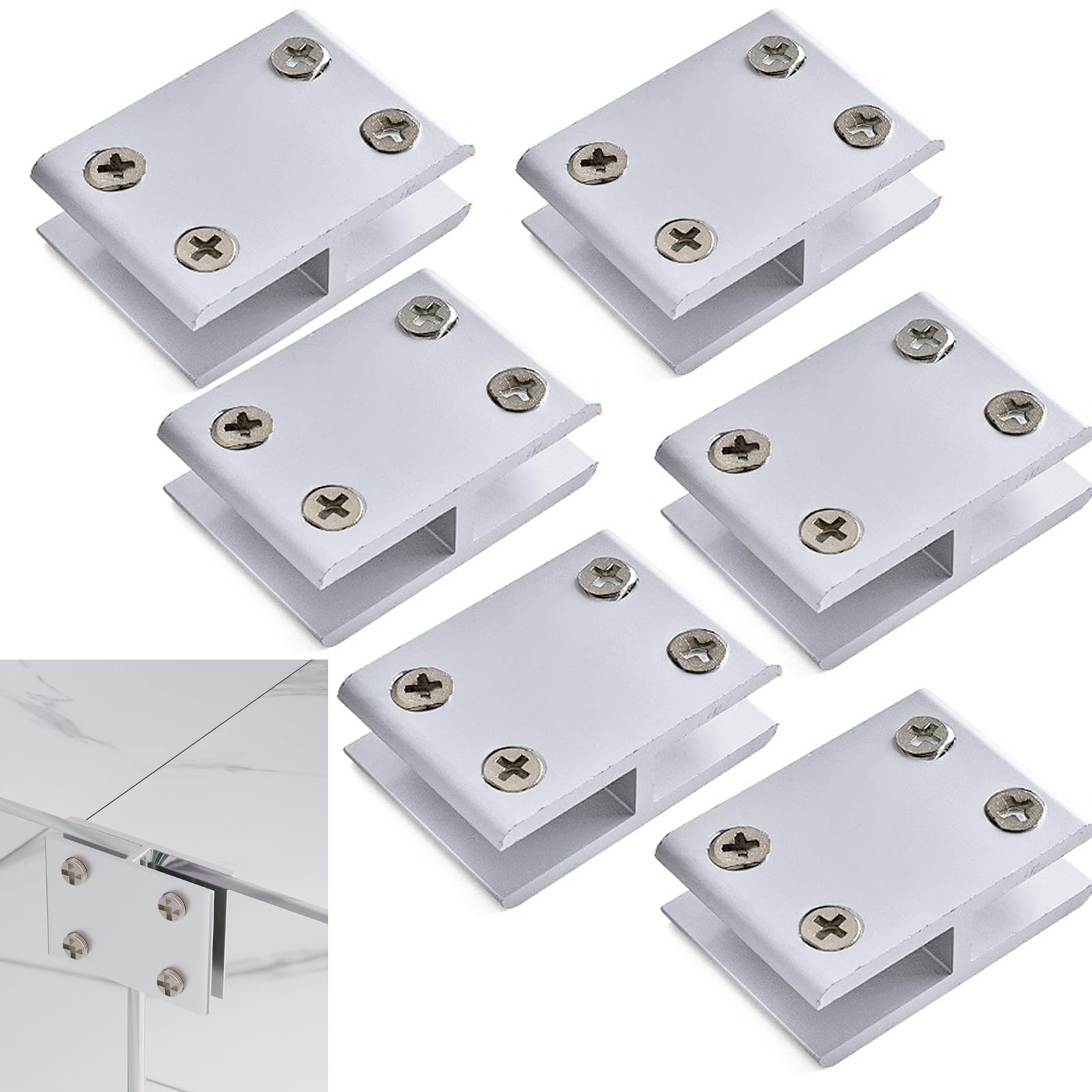 Cokritsm 180 Degrees Glass Clamps 8-10mm Glass, Aluminum Glass Clip for Glass Cupboard Cabinet No Drilling Glass Clamps 6pack