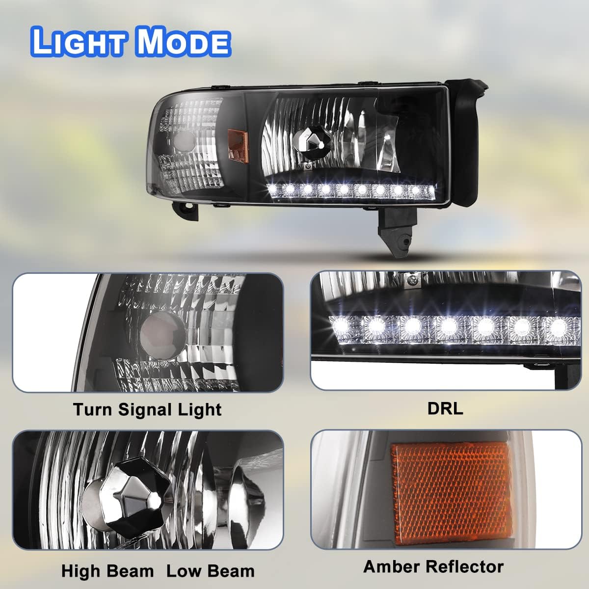 ROXX Headlights Assembly for 1994-2001 Dodge Ram 1500 2500 3500, 1995-2002 Dodge Ram 4000, Headlights w/Led Drl, Amber Reflector, High Low Beam, Driver & Passenger Side (With Led DRL)