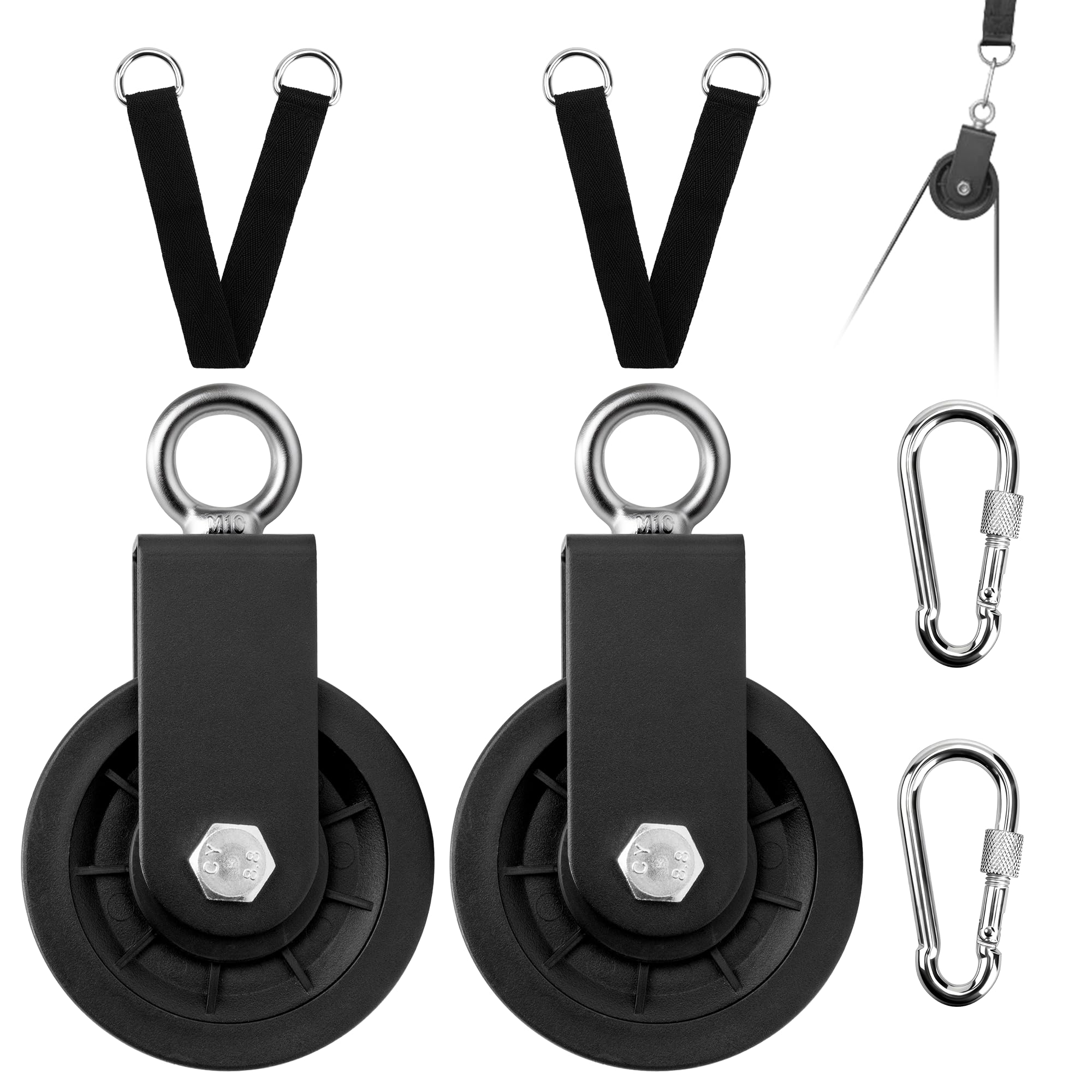2 Set 88mm Carrucola Puleggia Palestra in Nylon,Orso 150kg,Universale Cuscinetto Cavo Puleggia con Staffa di Fissaggio a U,Moschettoni,Cinghie di Sospensione per Sollevamento,Attrezzatura Palestra