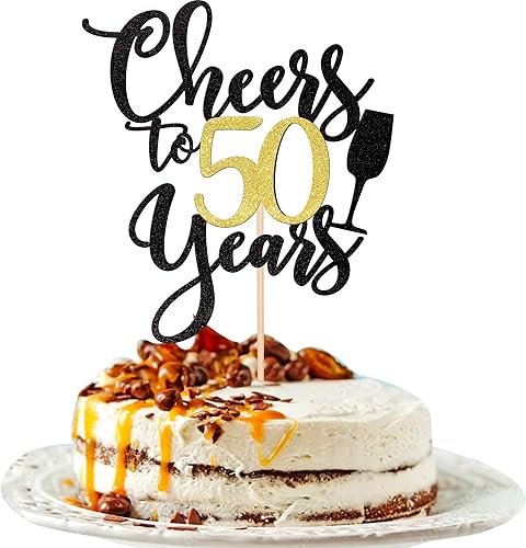 1 pieza de decoración para tartas de "Cheers to 50 años" con purpurina dorada y negra para pastel de 50 años, 50 años, decoración de fiesta de