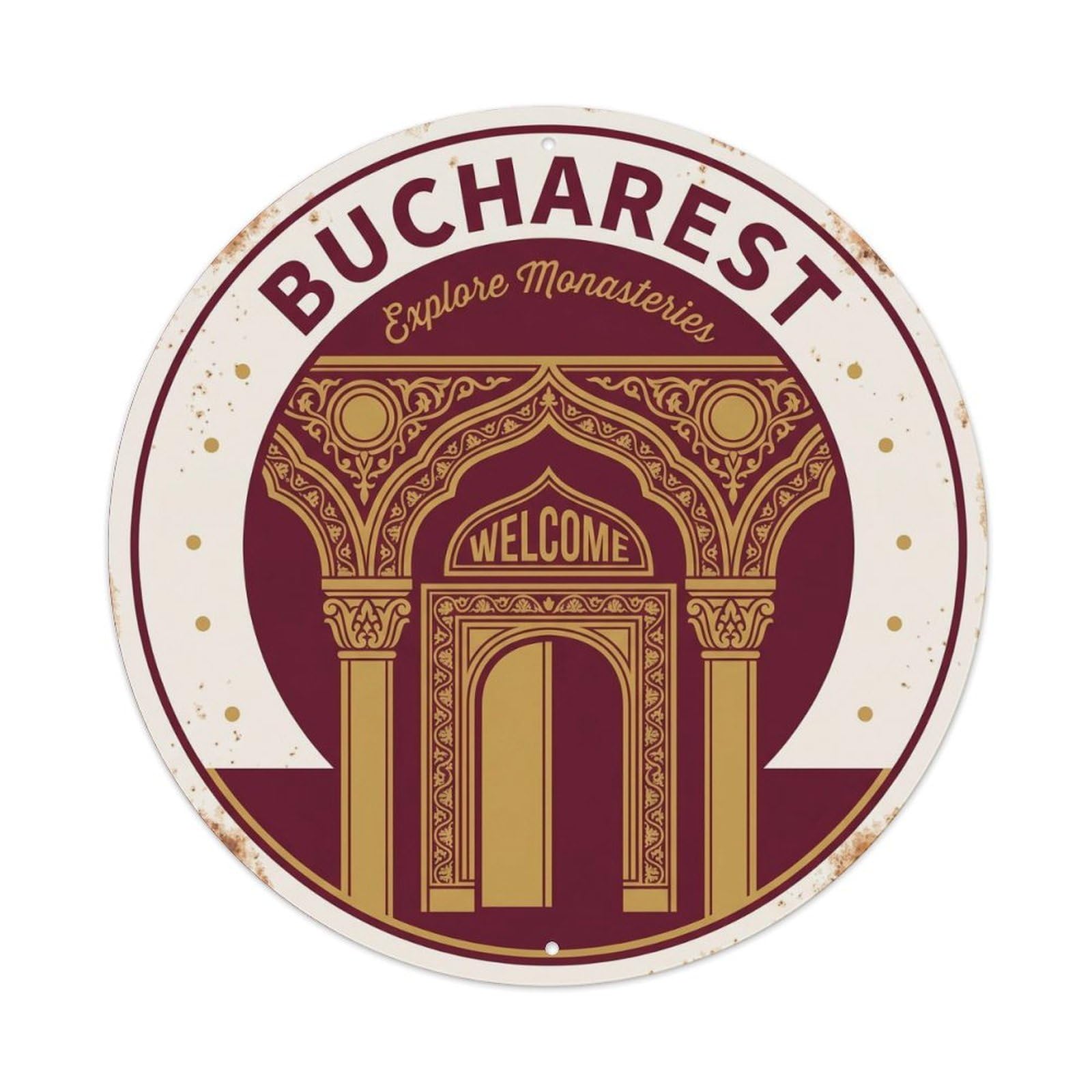 Vintage Travel Bucharest Monastery Explore Metal Tin Sign