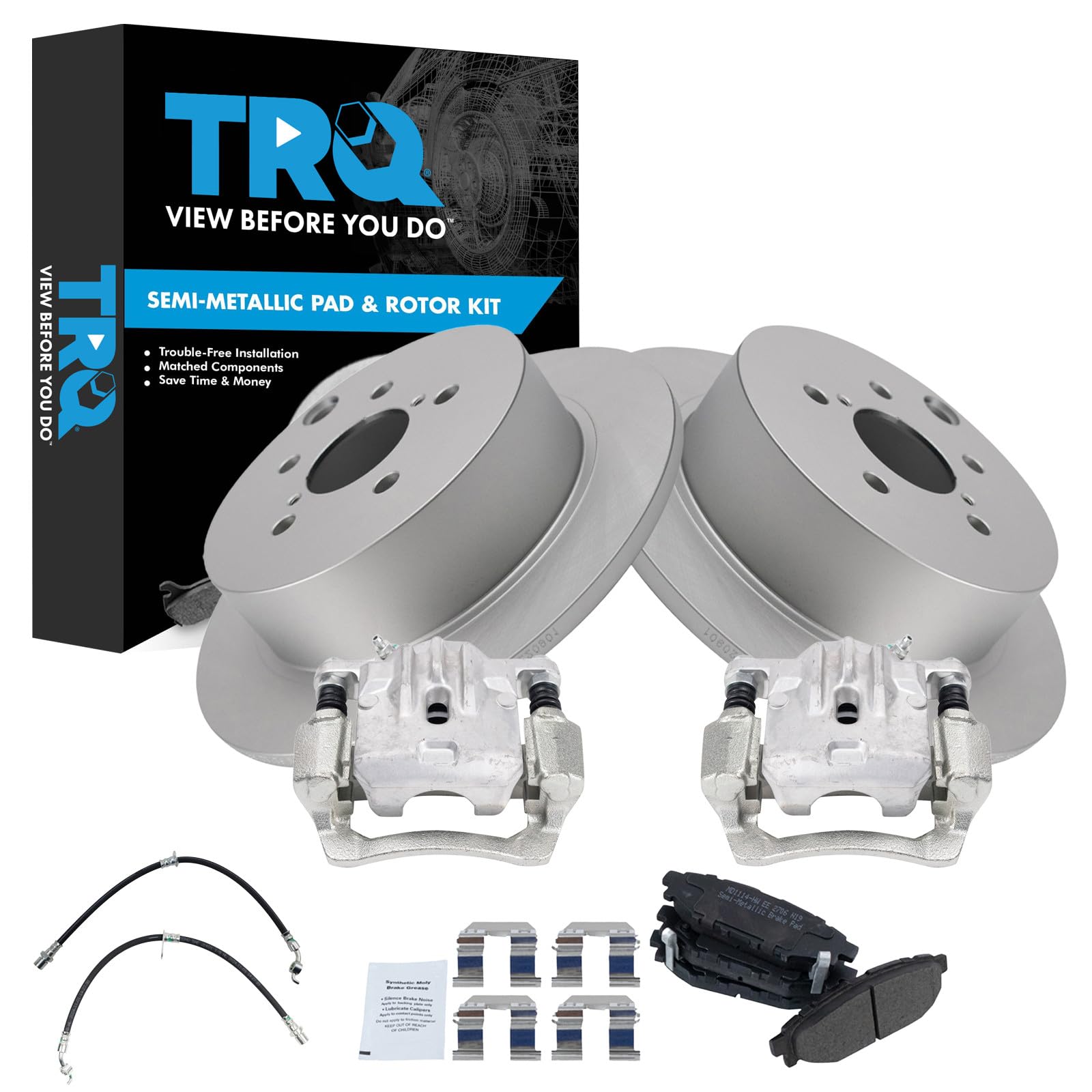 TRQ Rear Brake Pad and Rotor Set Semi Metallic Coated Rotors Calipers Compatible with 2014-2018 Subaru Forester 2013-2015 XV Crosstrek 2016-2017 Crosstrek