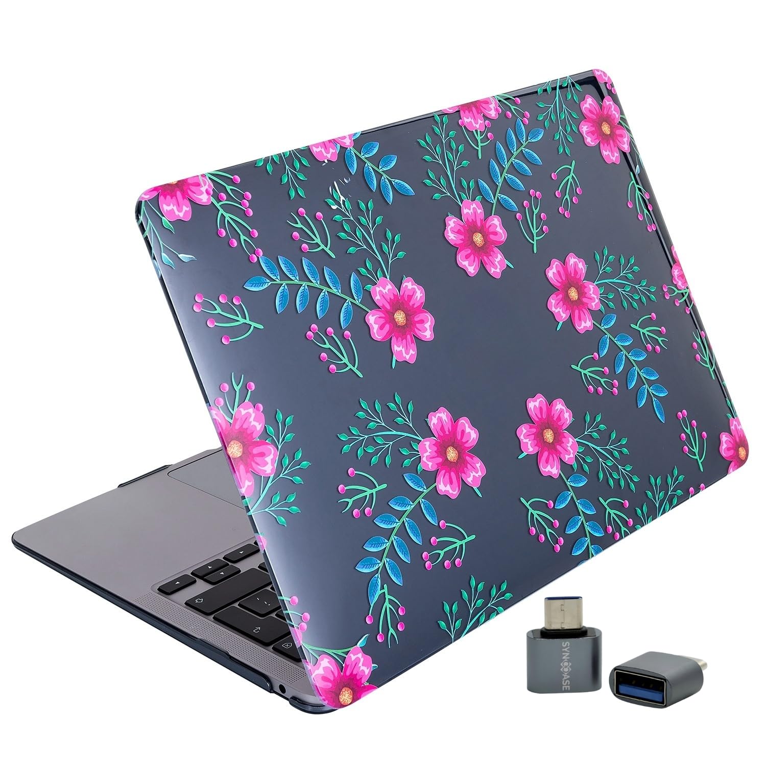 SyncCase Huawei MateBook D15 Uyumlu Kristal Parlak TPU Kılıf | Lazer Baskılı Çiçek Desenli İnce Sert Kapak Laptop Koruyucu Pembe-Mavi