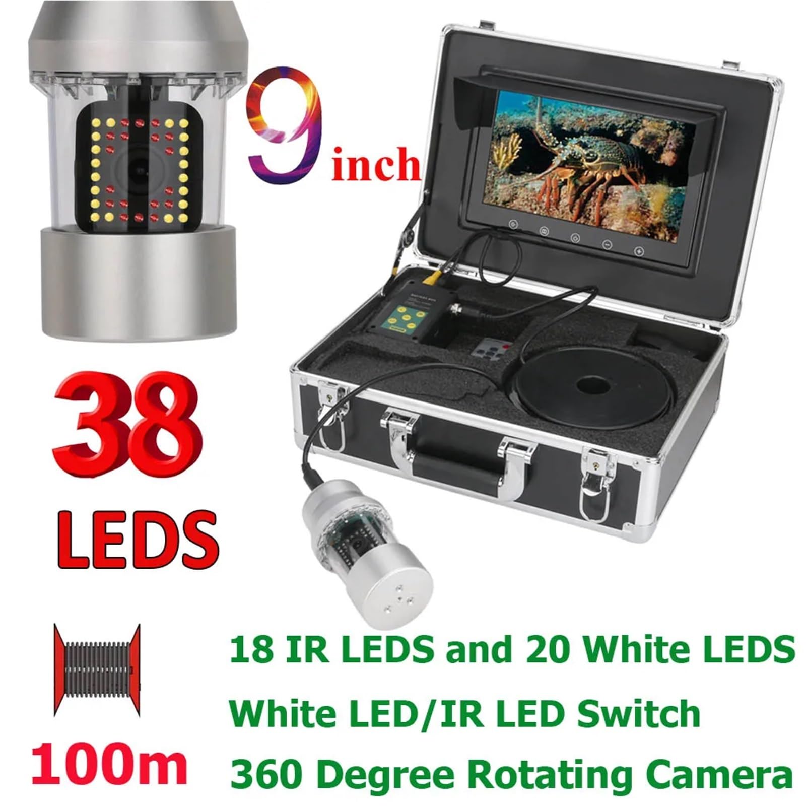 Cámara Submarina, Cámara de Pesca submarina 9 Pulgadas, 50 m, 100, IP68, Resistente al Agua, 38 LED, rotación 360 ​​Grados(38 Leds 100M Cable)