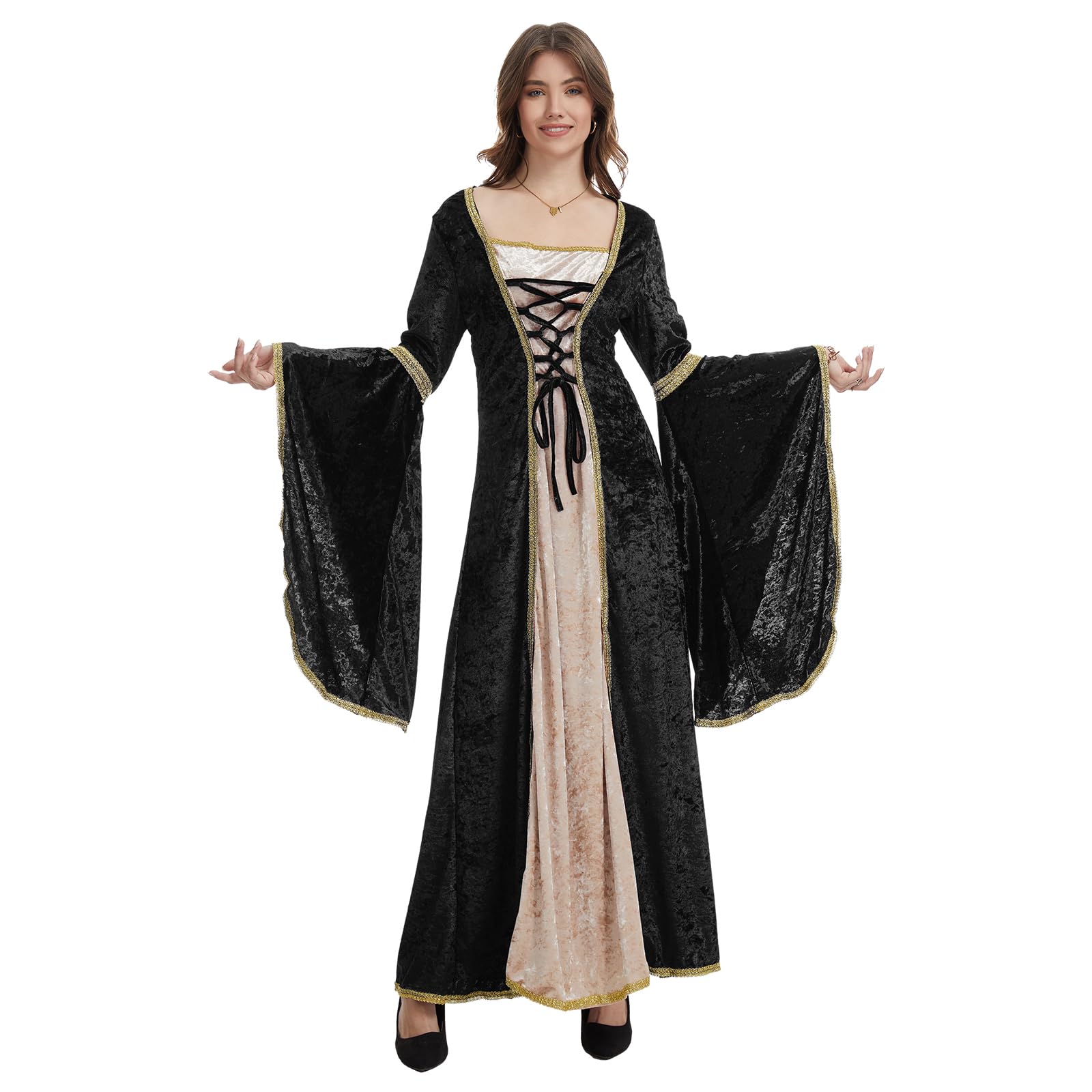 rumnigh Renaissance Women Velvet Dresses Medieval Retro Victorian Gothic Dress for Halloween Carnival Party (Black, L)