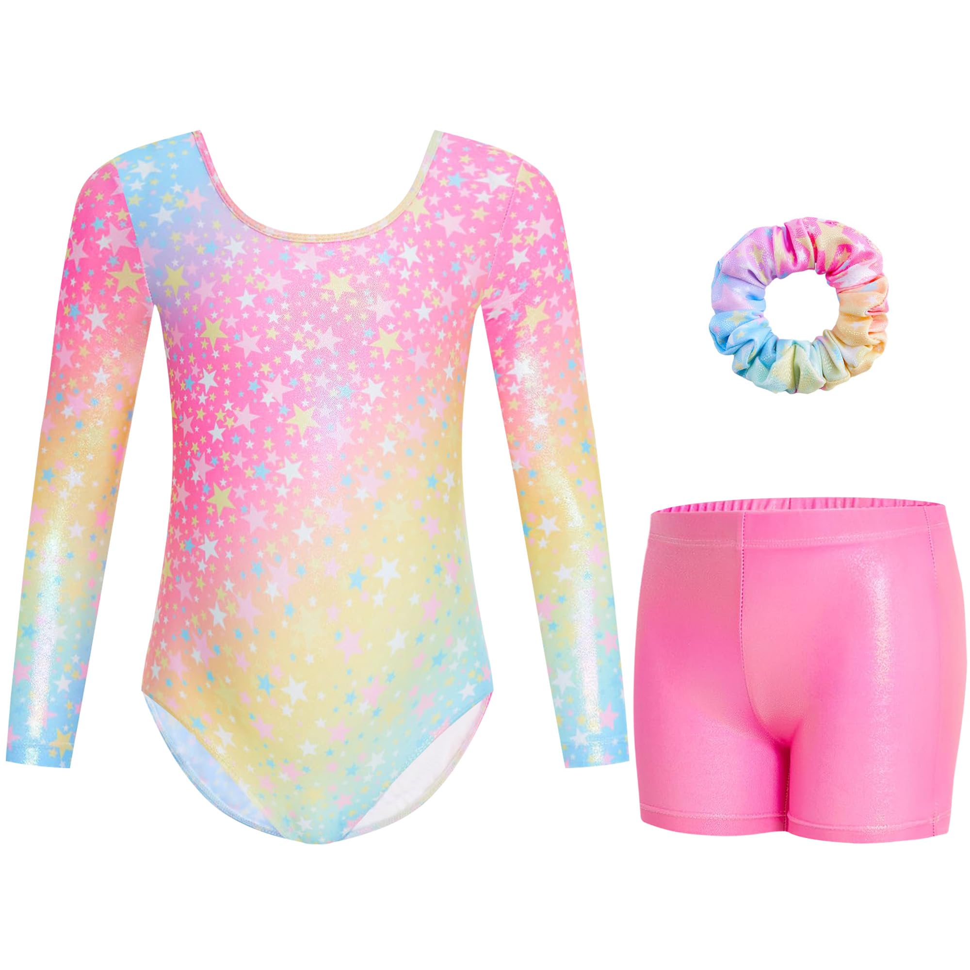 Gogokids Mädchen Dreiteilige Gymnastikanzüge, Langärmliges Gymnastik Set mit Shorts und Haarband, Glitzernde Balletteinheitstrikots - Gymnastik Outfit mit Farbverlaufdesign für 3-12 Jahre