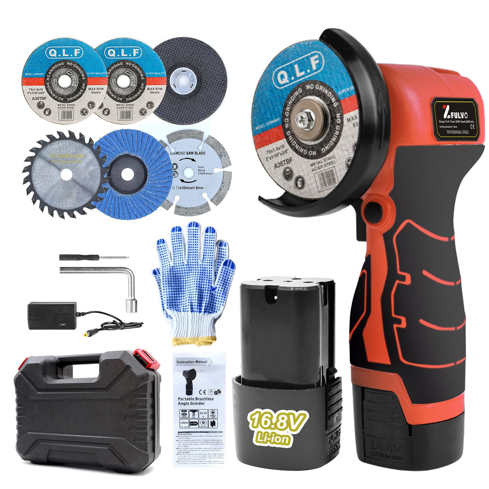Cordless Brush Angle Grinder Kit, 19500rpm Mini Electric Angle Grinding Tool with 1pcs 16.8V 2000mAh Batteries and 5-Cutting Discs, Grinder Handheld Cutter for Metal Wood (Red)