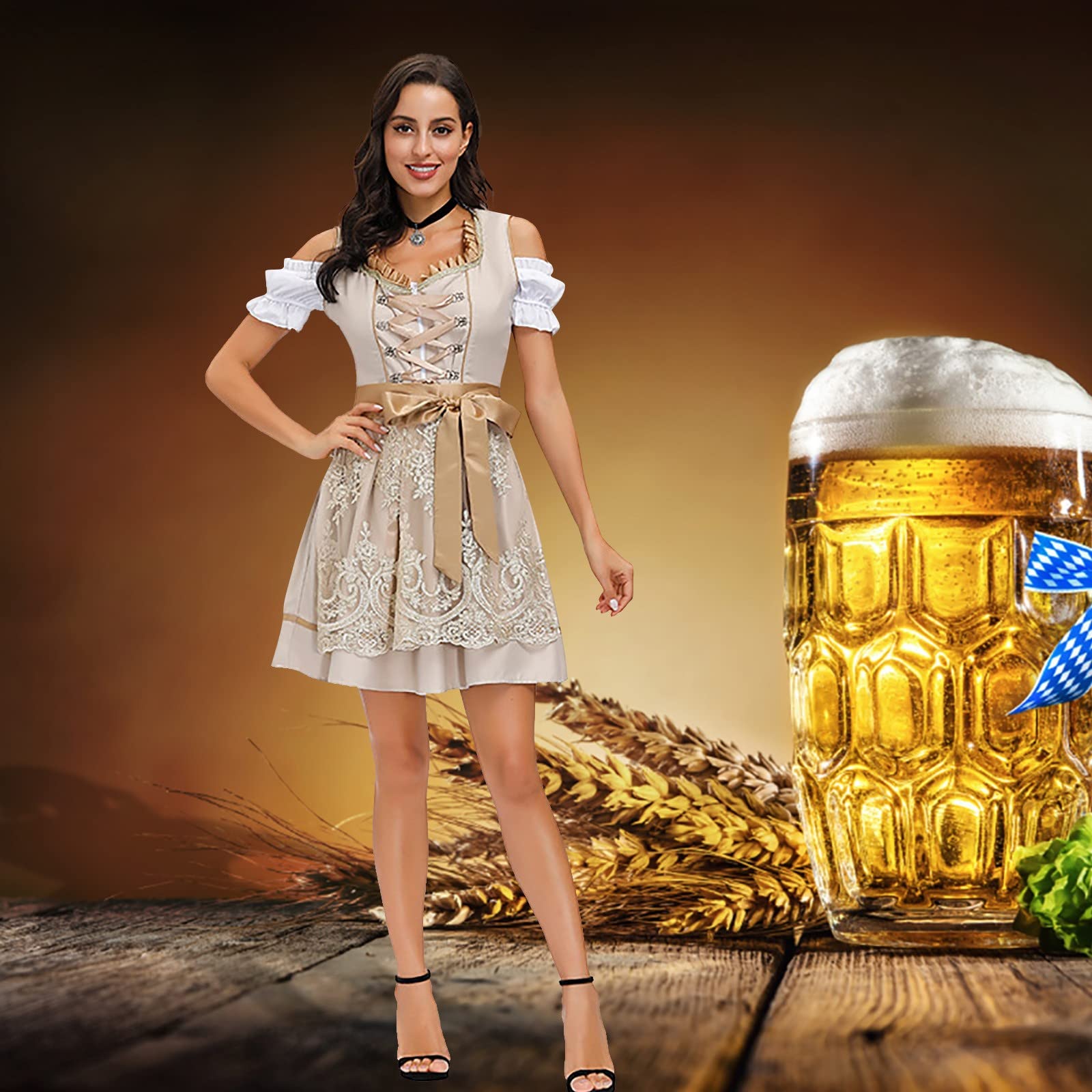 Damen Dirndl Kurz-Dirndlkleid Elegant-Trachtenkleid Set 3 teilig mit Bluse Kleider und Schürze Trachtenmode Bayerisches Bierfest Kostüme Oktoberfest Frauen Outfit Festliche Kleider