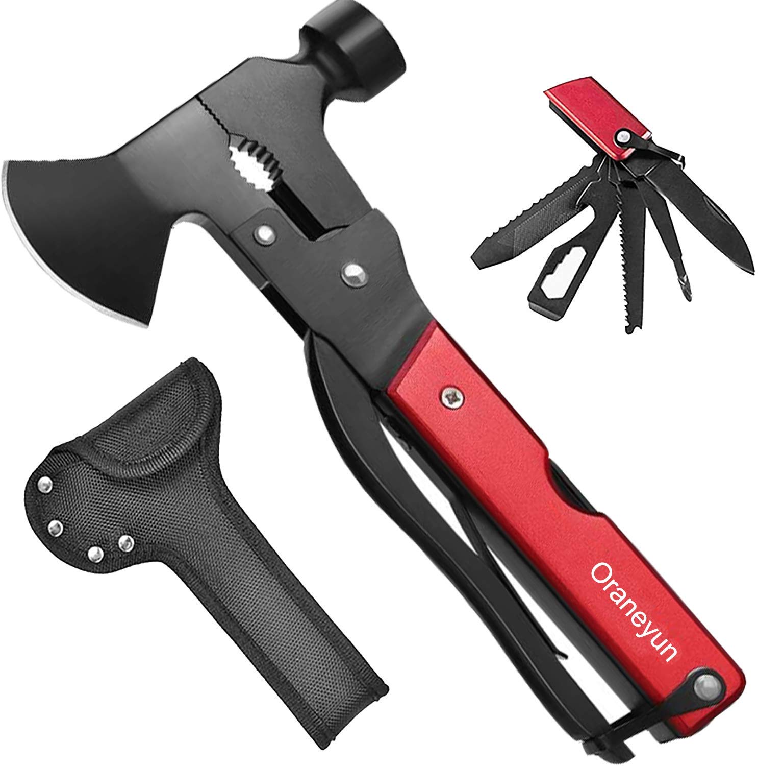 Oraneyun Multitool Camping Accessories, 16 in 1 Survival Gear Tools, Hammer Multitool Outdoor Hunting Hiking, Gifts for Men Dad, Hatchet Multitool with Axe Knife Plier Bottle Opener Saw Screwdriver