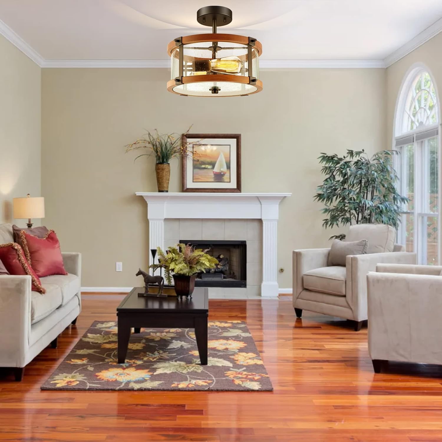 Exclusive Discount 50% Price ROTTOGOON Semi Flush Mount Ceiling Light, 13 Inch 2-Light Rustic Vintage Wood Ceiling Light Fixture with Clear Seeded Glass Shade for Entryway, Hallway, Foyer, Dining Room, Living Room