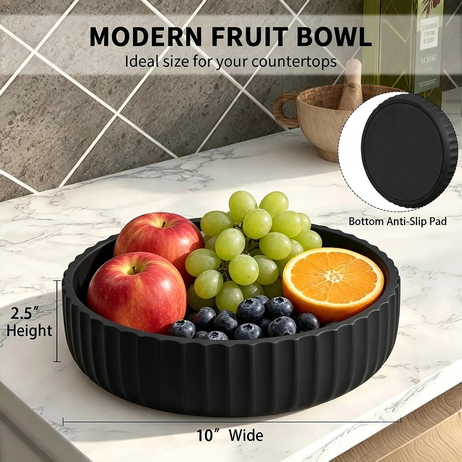 Large Decorative Bowl for Home Decor,10 inch Handcrafted Fruit Bowl Decorative,Stylish Key Bowl for Entryway Table,Catch All Bowl for Kitchen Counter,Coffee Table,Modern Centerpiece - Matte Blak