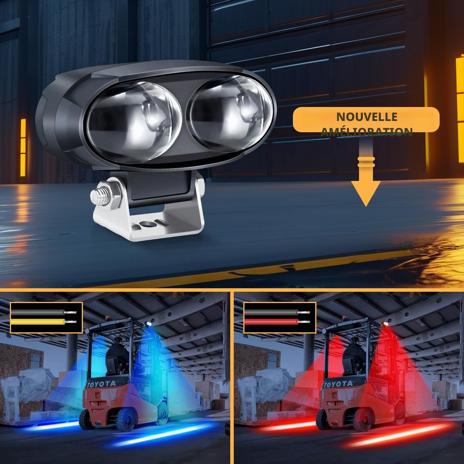 Dinfu 30W Lampe LED pour chariot élévateur Réglable rouge/bleu - Lumière d'avertissement de sécurité pour entrepôt 12-80 V Pour camion tout-terrain ou tracteur