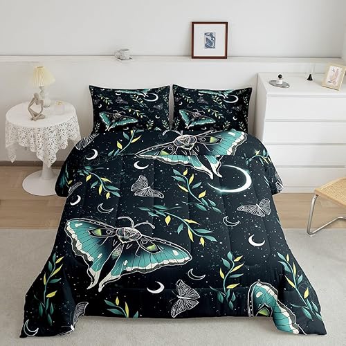 Erosebridal Juego de edredón de mariposa verde, tamaño matrimonial, 3 piezas, ropa de cama y juegos de ropa de cama con diseño de polilla, cielo