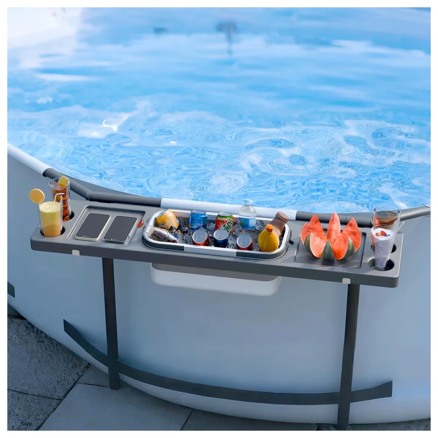 Above Ground Pool Side Bar Table, 2 in1 Poolside Drink Holder with 4 Cup Holders, Fit for Round/Oval Frame Above Ground, Portable Swim Up Bar, 47.2 x 11.8Inches