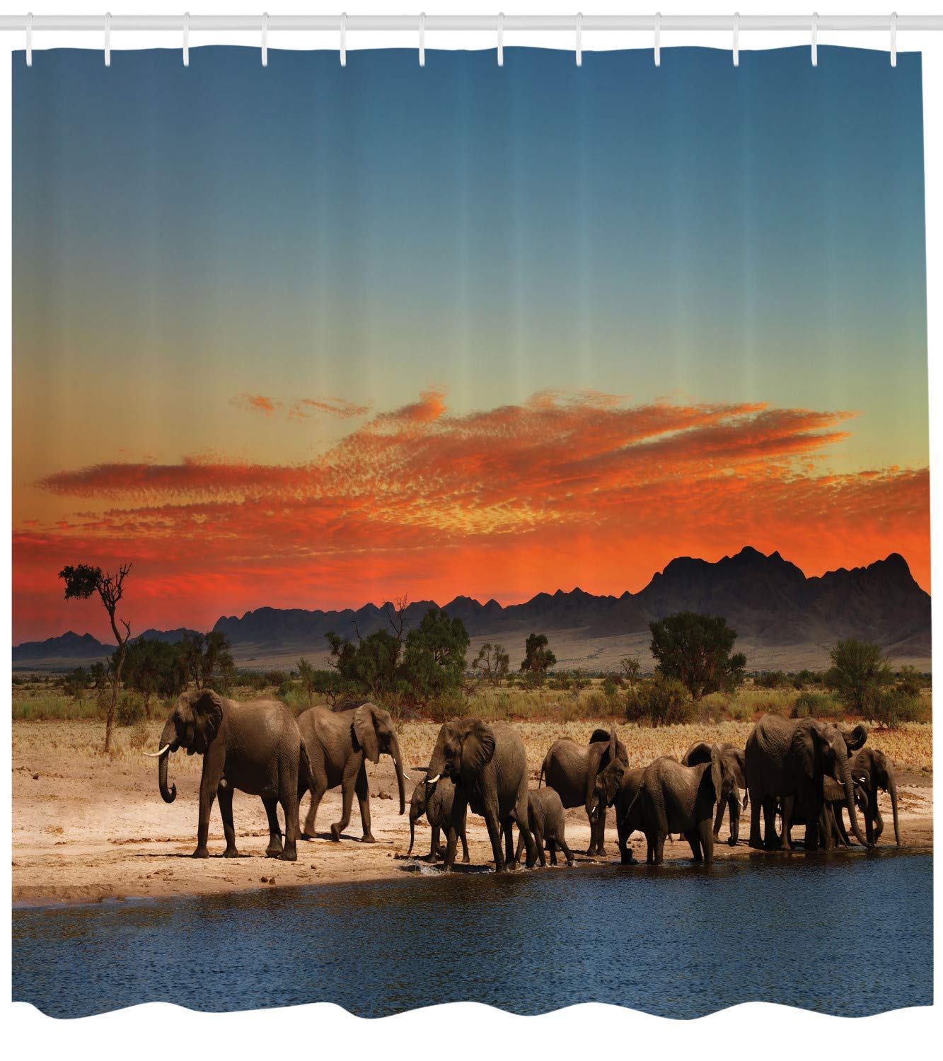 ABAKUHAUS Safari Shower Curtain, Herd of Elephants Watering in Wilderness at Sunset Image Print - Image 2
