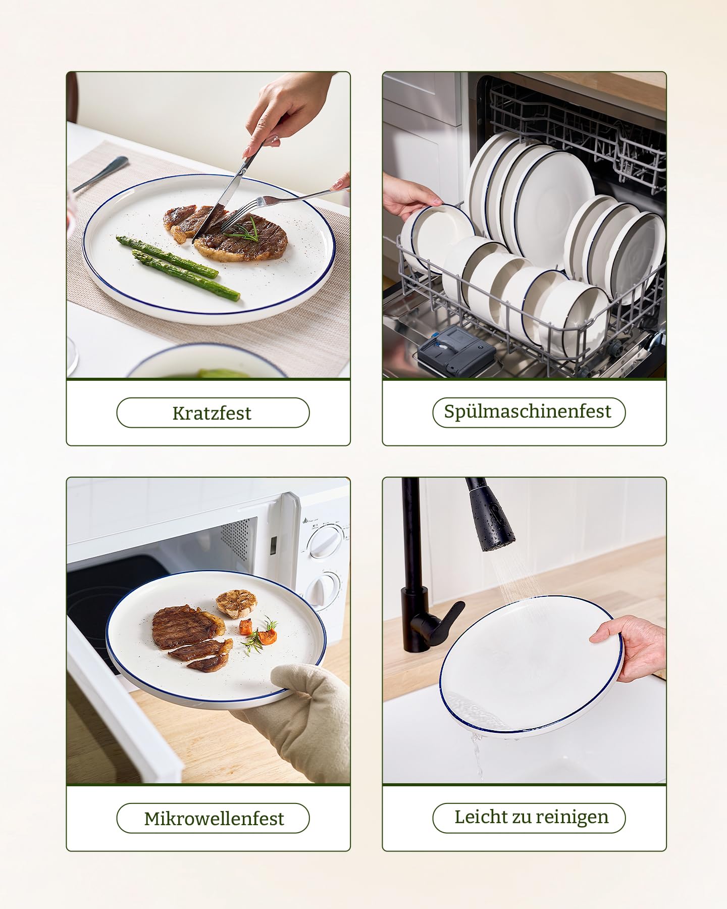 Richmount Geschirrset 12-tlg, Porzellan Service für 4 Personen, Teller set mit modernem, erhöhtem Rand, Mikrowelle & Spülmaschinengeeignet, Weiß mit dunkelblauer Kontur