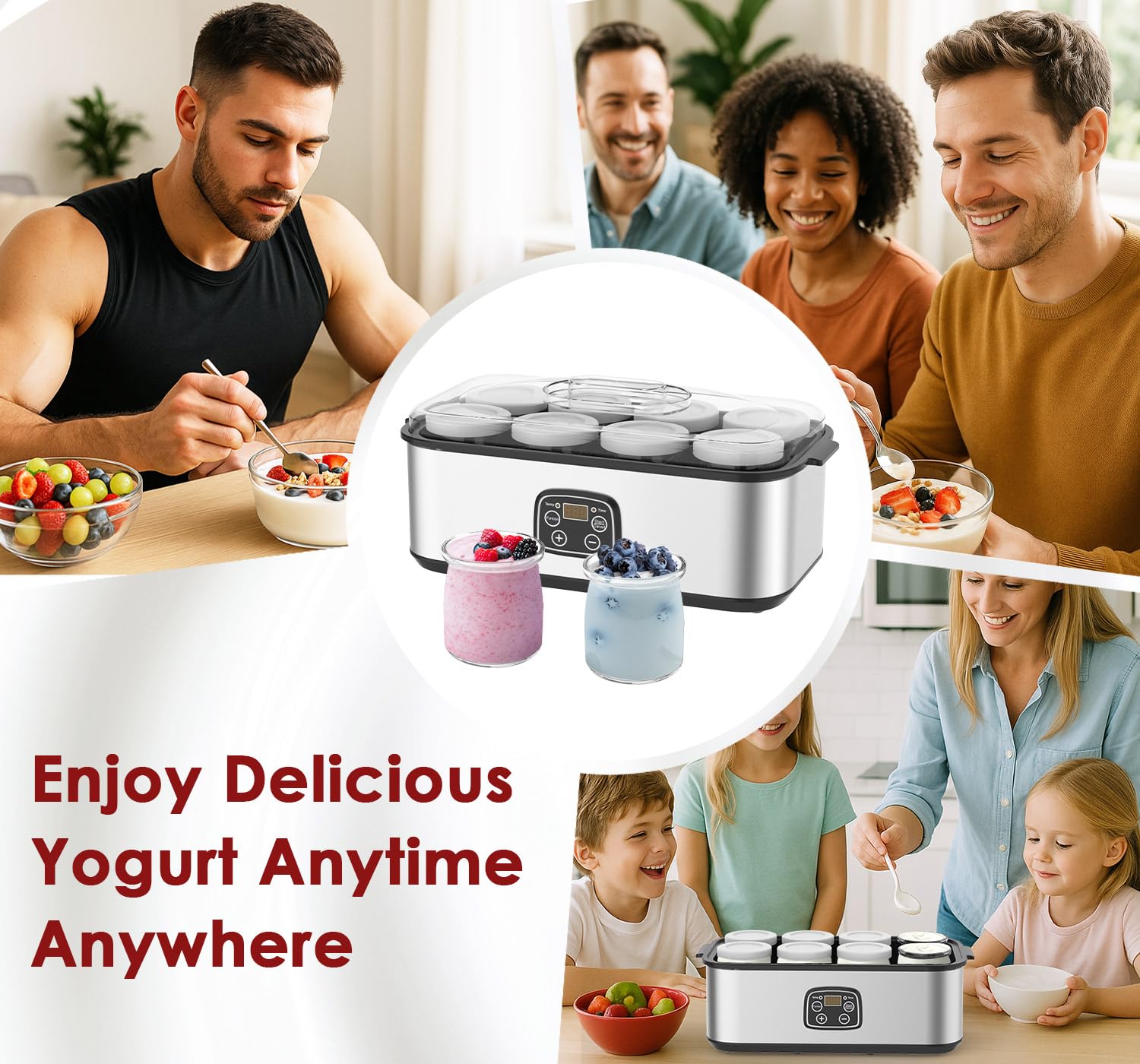 Suteck Máquina de yogur de acero inoxidable con control de tiempo y temperatura ajustable, apagado automático y temperamento constante para yogur griego, probiótico, sin BPA, 8 botellas