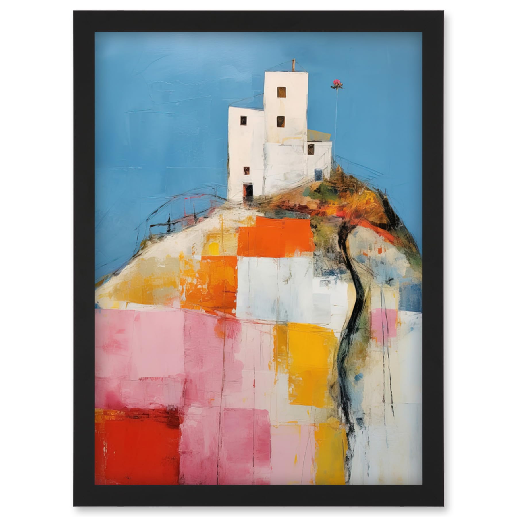 Artery8 House on the Hill Oil Painting Abstract Geometric Patchwork Palette Knife Pastel Colour Rural Landscape Artwork Framed Wall Art Print A4