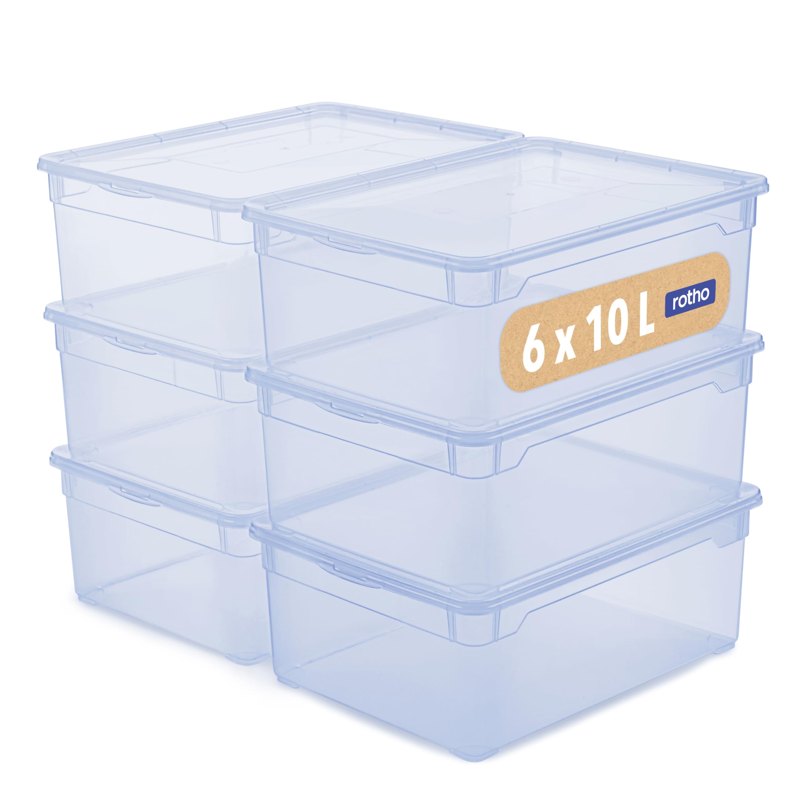 Rotho Clear Box 6x 10L Storage Boxes with Lid, 36x26x14cm, Transparent Blue