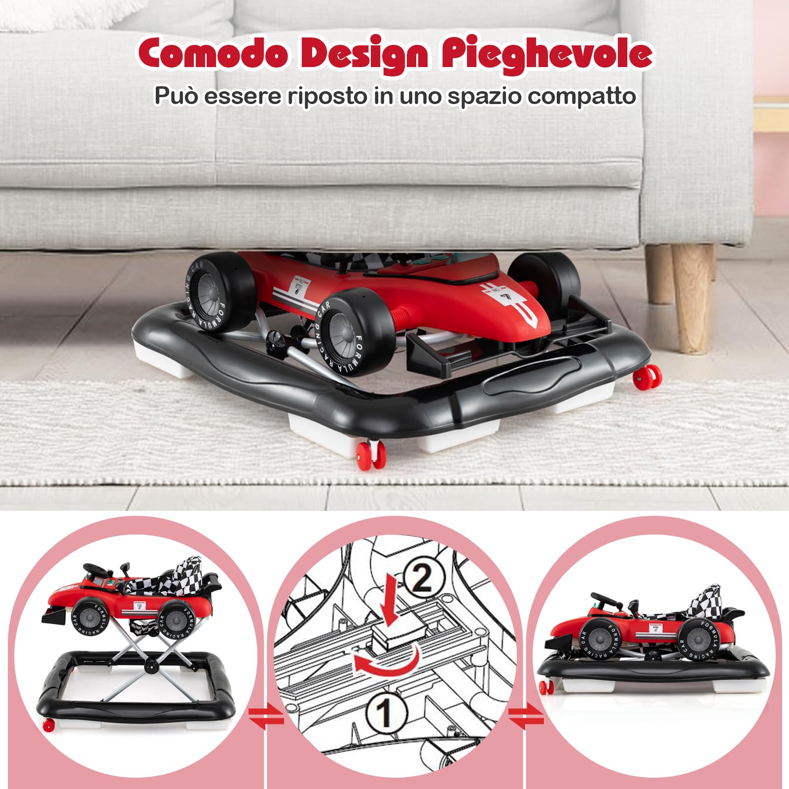 GYMAX 4 in 1 Girello a Spinta Neonato 6 a 12 Mesi, Carico 12kg, Pieghevole con Luci e Suoni, Altezza Regolabili, Carillon Rimovibile, Carrllo Primi Passi per Bambini, 73 x 63 x 51/53/55 cm