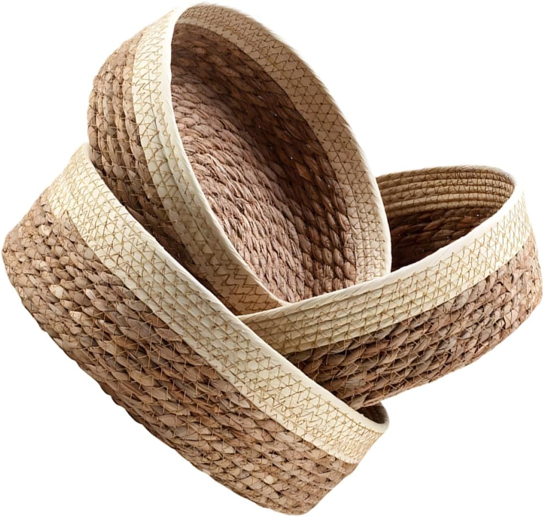 3pcs Woven Storage Baskets Set with Straw and Paper Rope, round Organizer Bins for Kitchen, Home, and Office Storage, Multifunctional Sundries and Bread Holder