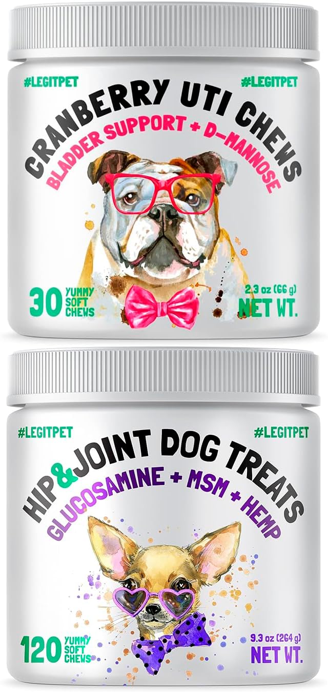 Cranberry UTI Chews for Dogs Bladder Support + D-Mannose Supports Kidney Urinary Tract 30 Chews and Hemp Hip & Joint Supplement for Dogs 120 Soft Chews