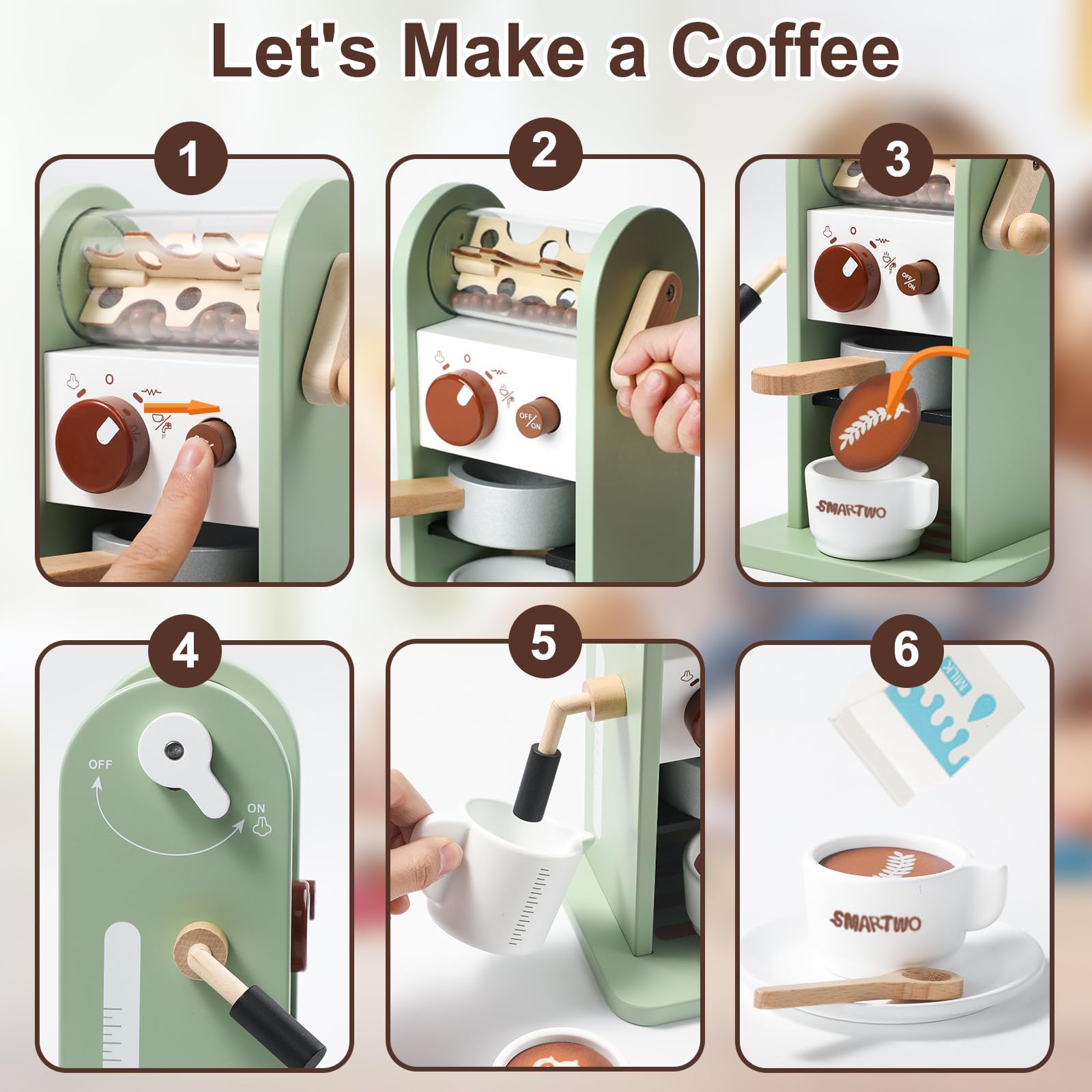 Smartwo Coffee machine for children, children's kitchen, coffee maker with grinder, play kitchen, accessories, espresso machine wooden toy set