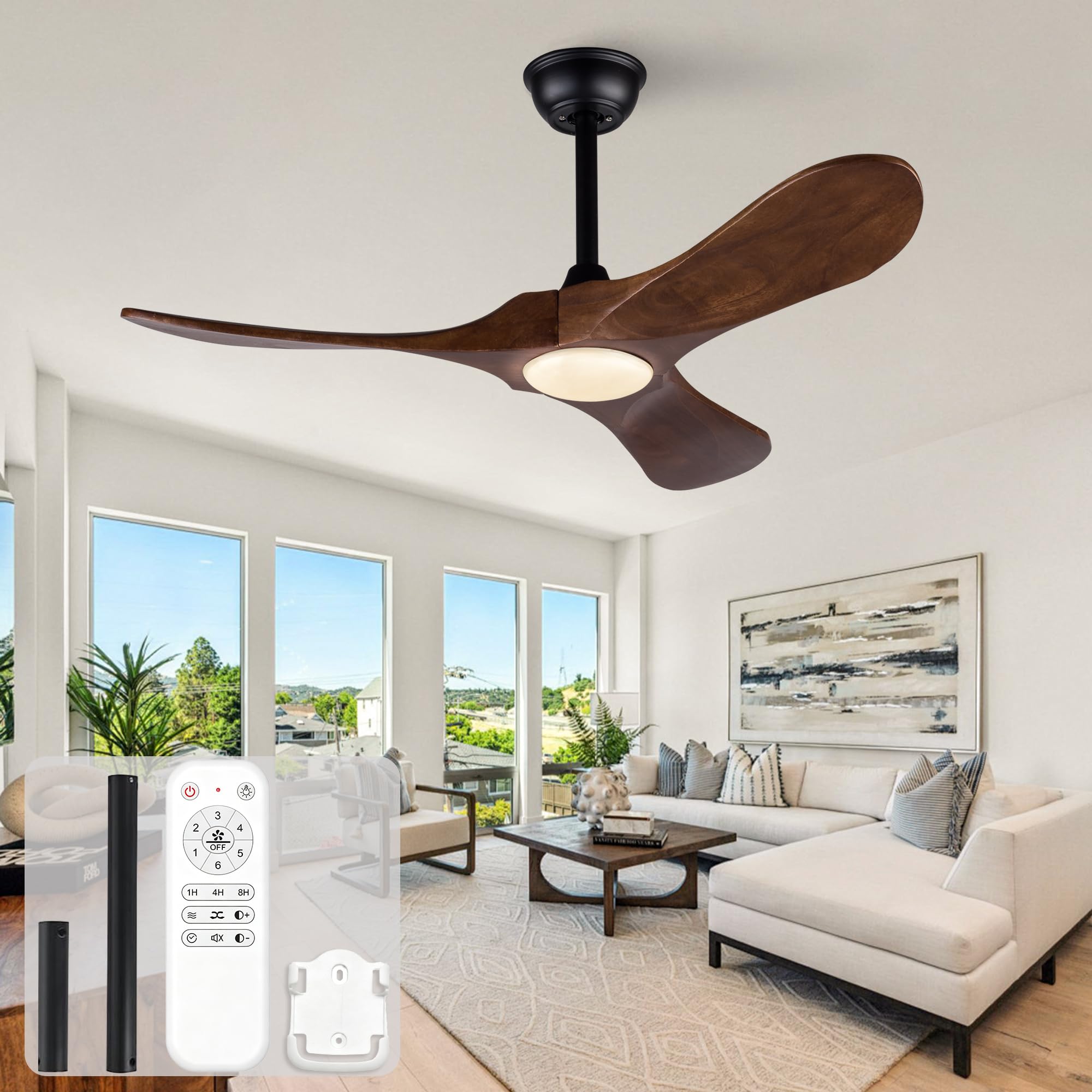 Ventilatore da soffitto da 106,7 cm con illuminazione, telecomando, in legno massiccio, 3CCT 6