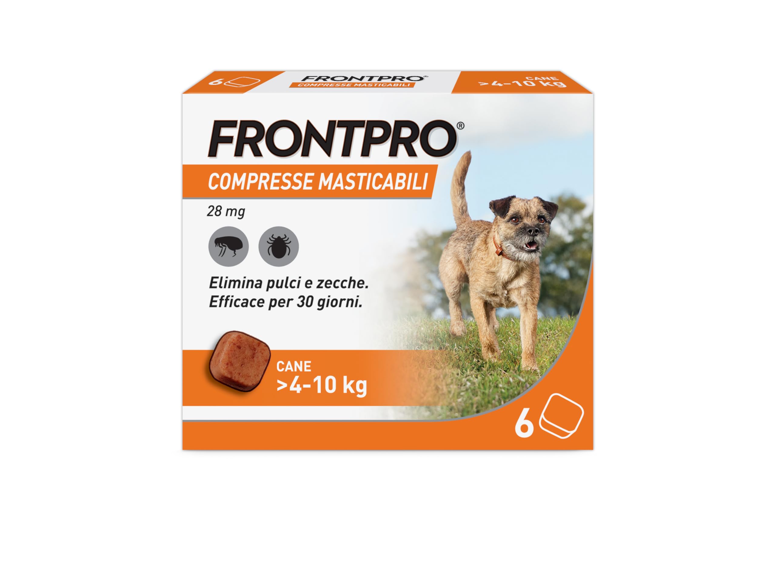 FRONTPRO 6 Compresse Masticabili Antiparassitario per Cani di Peso > 4-10 kg Protegge da Pulci e Zecche, Antipulci in Confezione da 6 Compresse da 28.3 mg di Afoxolaner