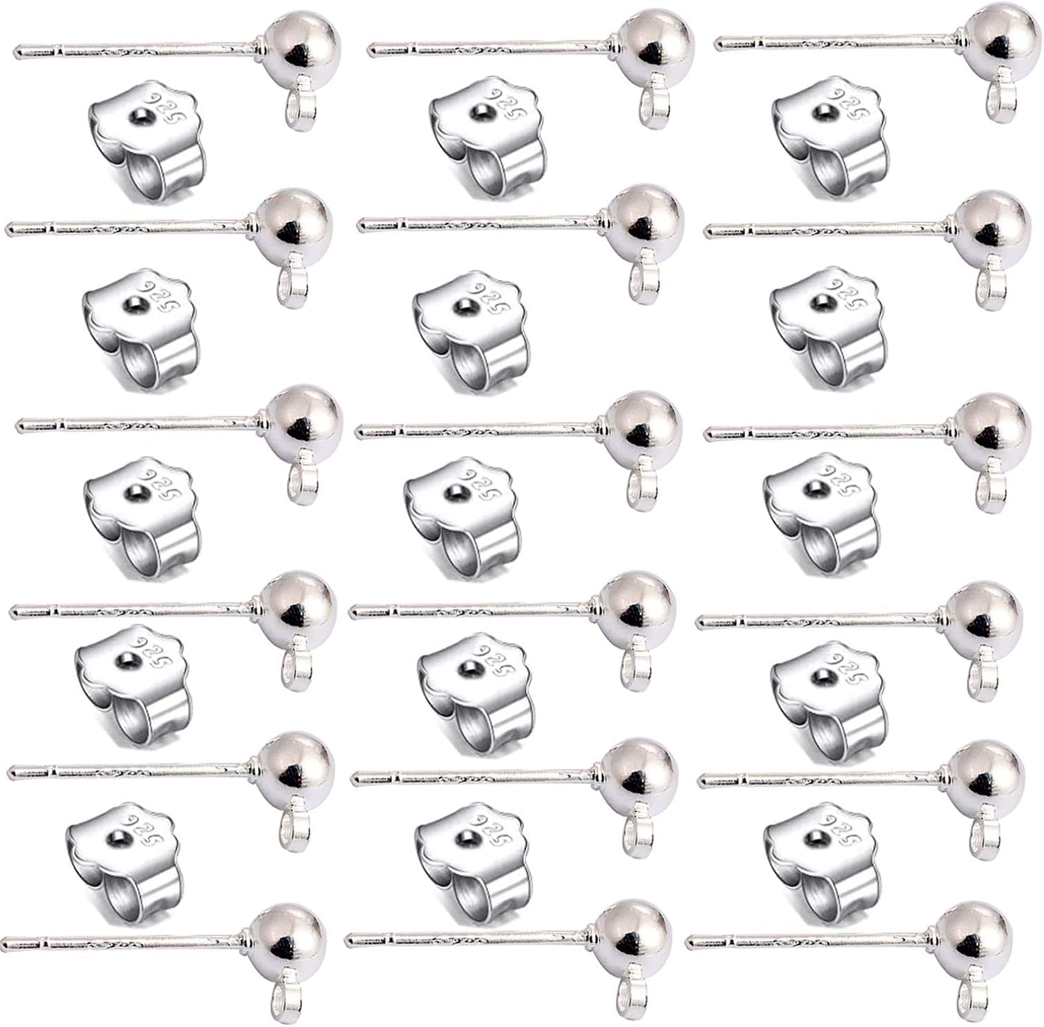 20 PCS DIY 925 Sterling Silver Plated Ball Earring Studs with Loop, Hypoallergenic Ball Post Earrings with 50 PCS 925 Sterling Silver Earring Backs for Earring Making Findings