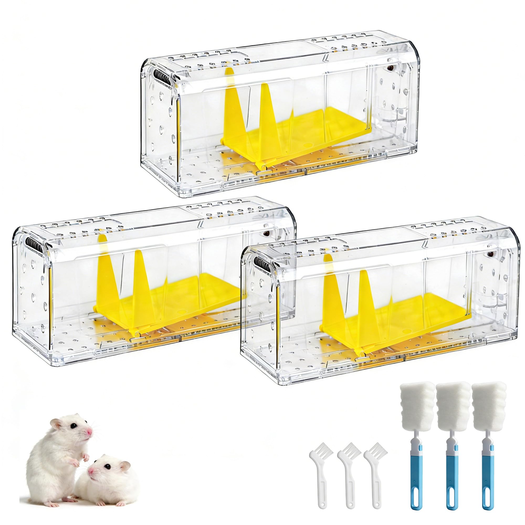MouCoc 3 Pack Humane Mouse Traps, Indoor & Outdoor Use,Touch-Free,Catch & Release Options, Includes Cleaning Brush, Washable & Reusable, Pet & Child Safe, High Sensitivity Rodent Catcher
