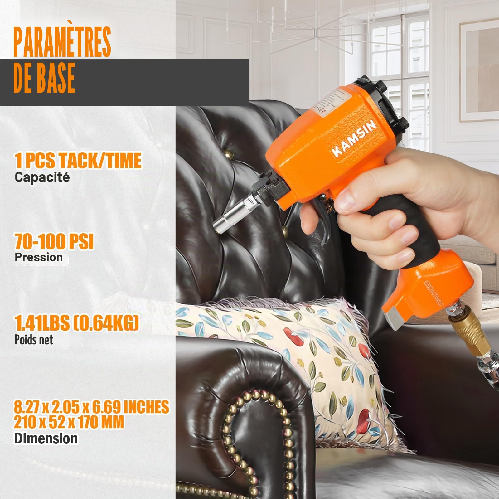 1170 Cloueuse décorative 10,8-11,7mm pour meubles & rembourrage | 0,64kg, chargeur 54 punaises, nez magnétique, 7 embouts inclus, léger, ergonomique, durable, pour décoration, tissus & cuir