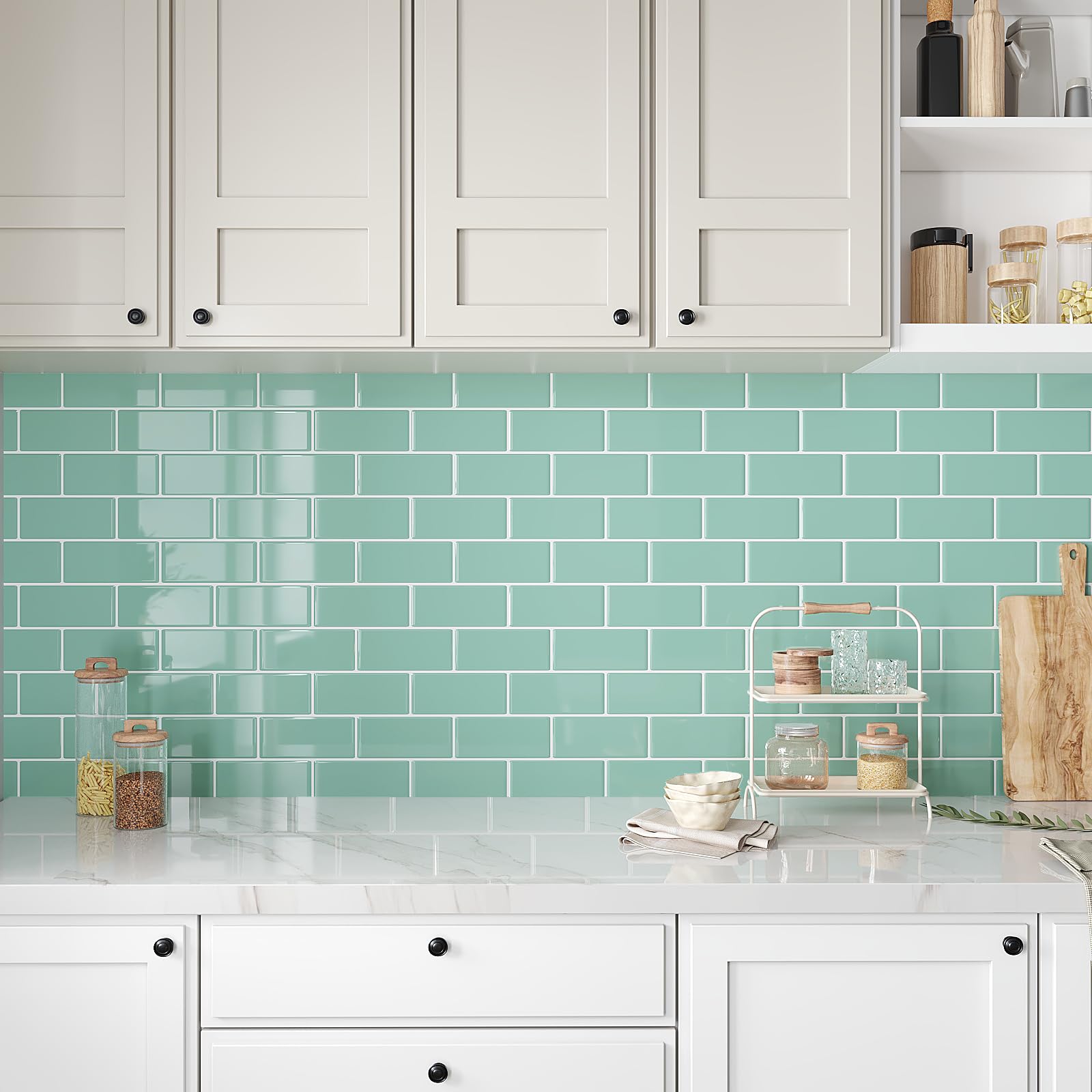 VEELIKE Azulejos Adhesivos 3D Para Baño Y Cocina Baldosas Adhesivas Pared Cocina Rectángulos Verde Menta Vinilos Para Pared Pegatinas De Baldosas 30.5cm×30.5cm 24 Piezas