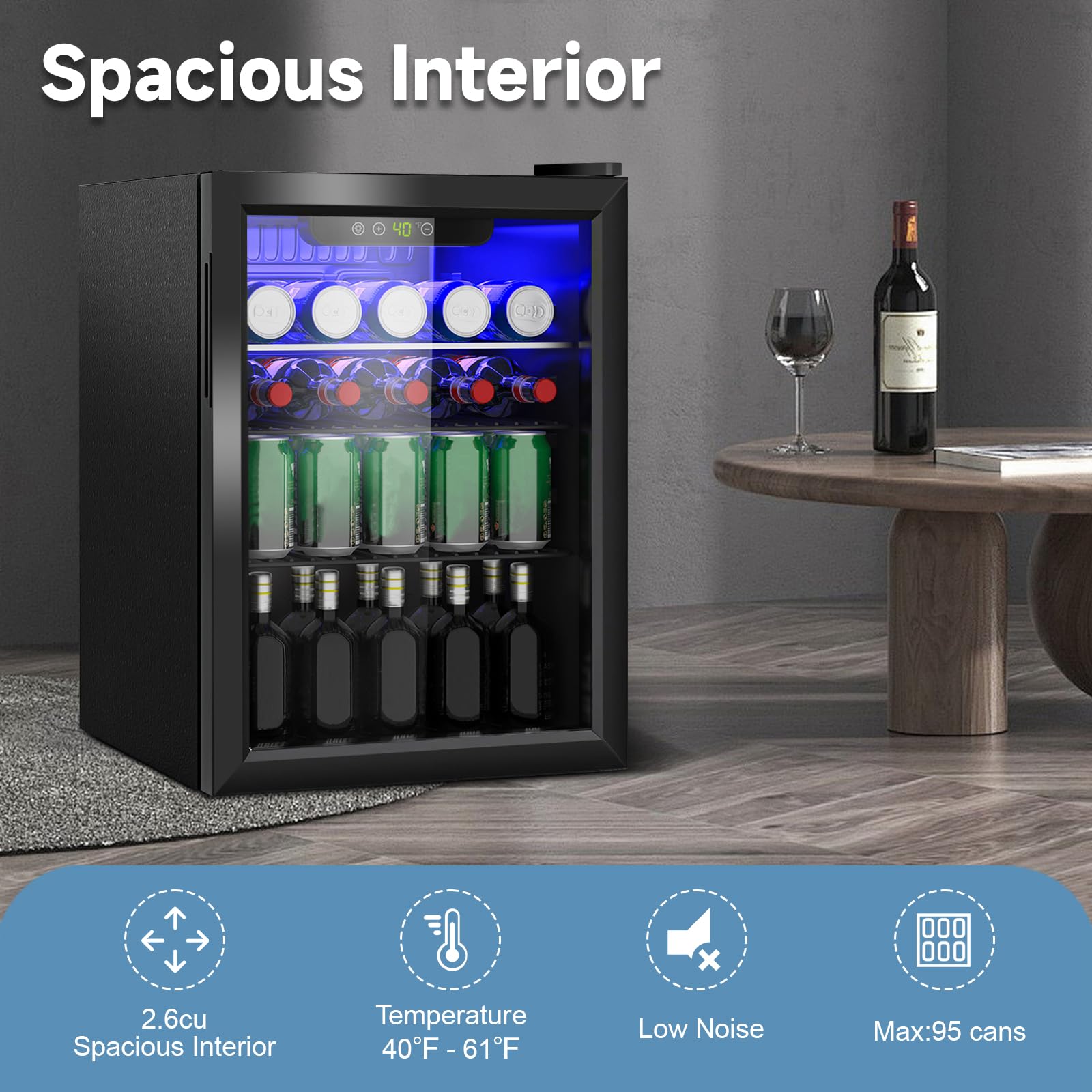 Stopasd Beverage Refrigerator Cooler, 2.6 Cu.Ft/95 Can Drink Fridge With Adjustable Shelves & Glass Door For Soda Wine Beer, Quiet Undercounter Small Fridge For Home/Office/Bar/Garage(40-61 ℉), Black on Fridge.com - View 5