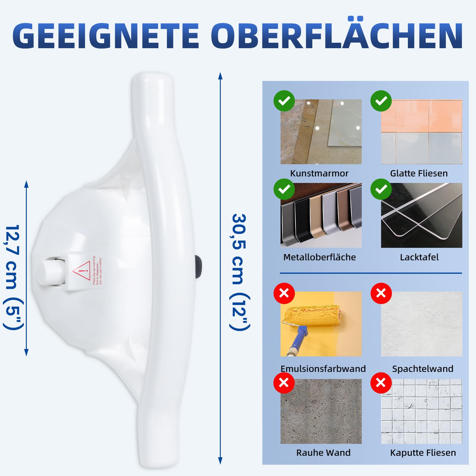 Lot de 2 barres d'appui améliorées à ventouse, capacité de charge de 200 kg, poignées de douche sans perçage pour baignoires et douches, idéales pour les personnes âgées et les personnes âgées