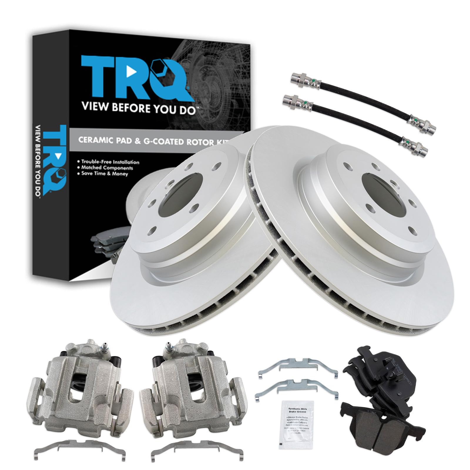 TRQ Rear Brake Pad and Rotor Set Ceramic Coated Rotors Calipers Compatible with 2006 BMW 330i 330xi 2009-2011 335d 2007-2013 335i 2011-2013 335is 2007-2008 335xi