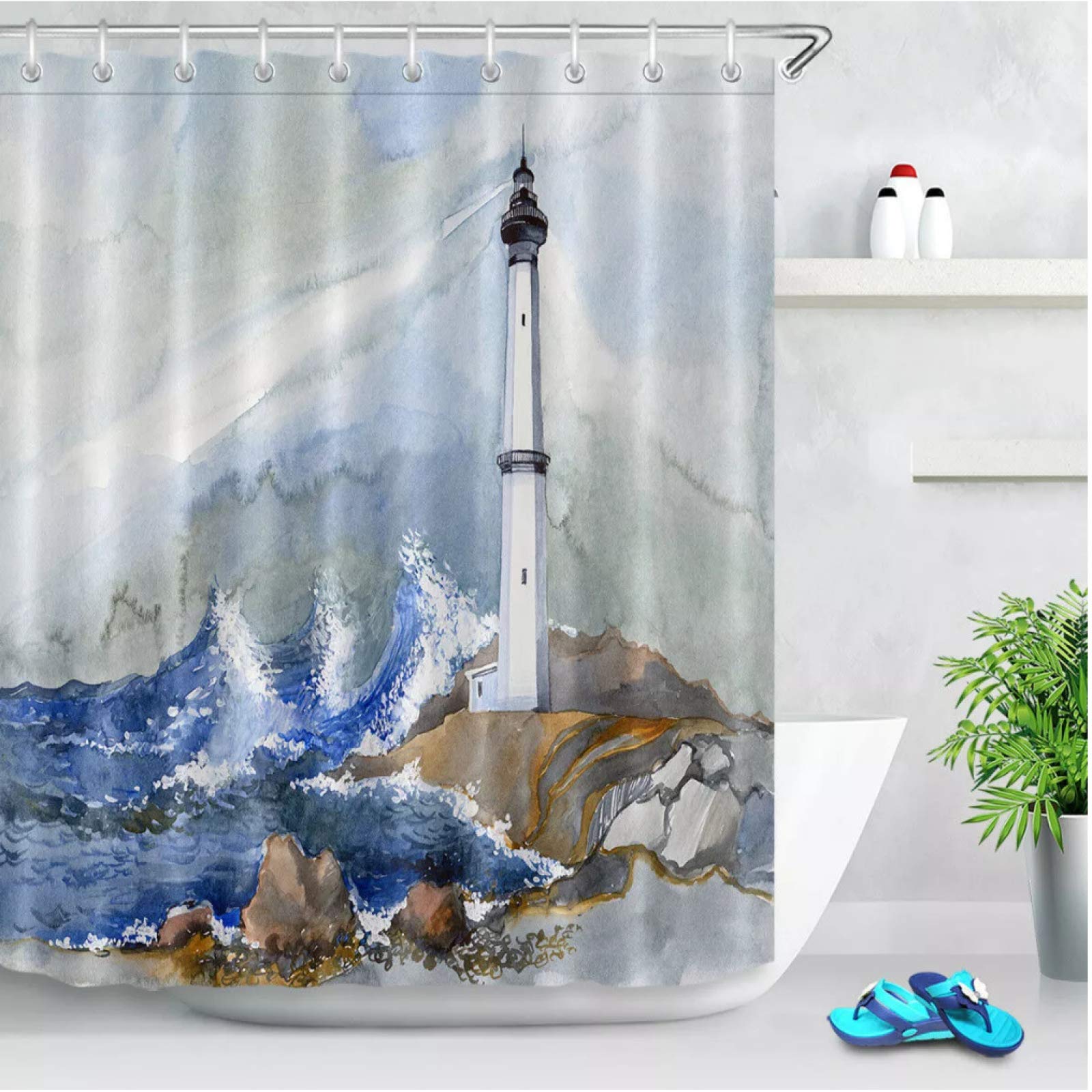 100% Polyester Fabric Oil Painting Seaside Lighthouse Shower Curtain Bath Custom 180X180Cm