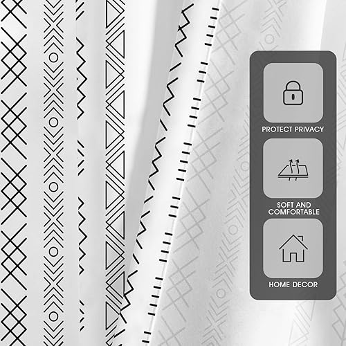 Miniatura 3 de Juego de 2 paneles de cortinas bohemias con diseño geométrico de rayas blancas y negras para ventana, estilo rústico de mediados de siglo, estilo