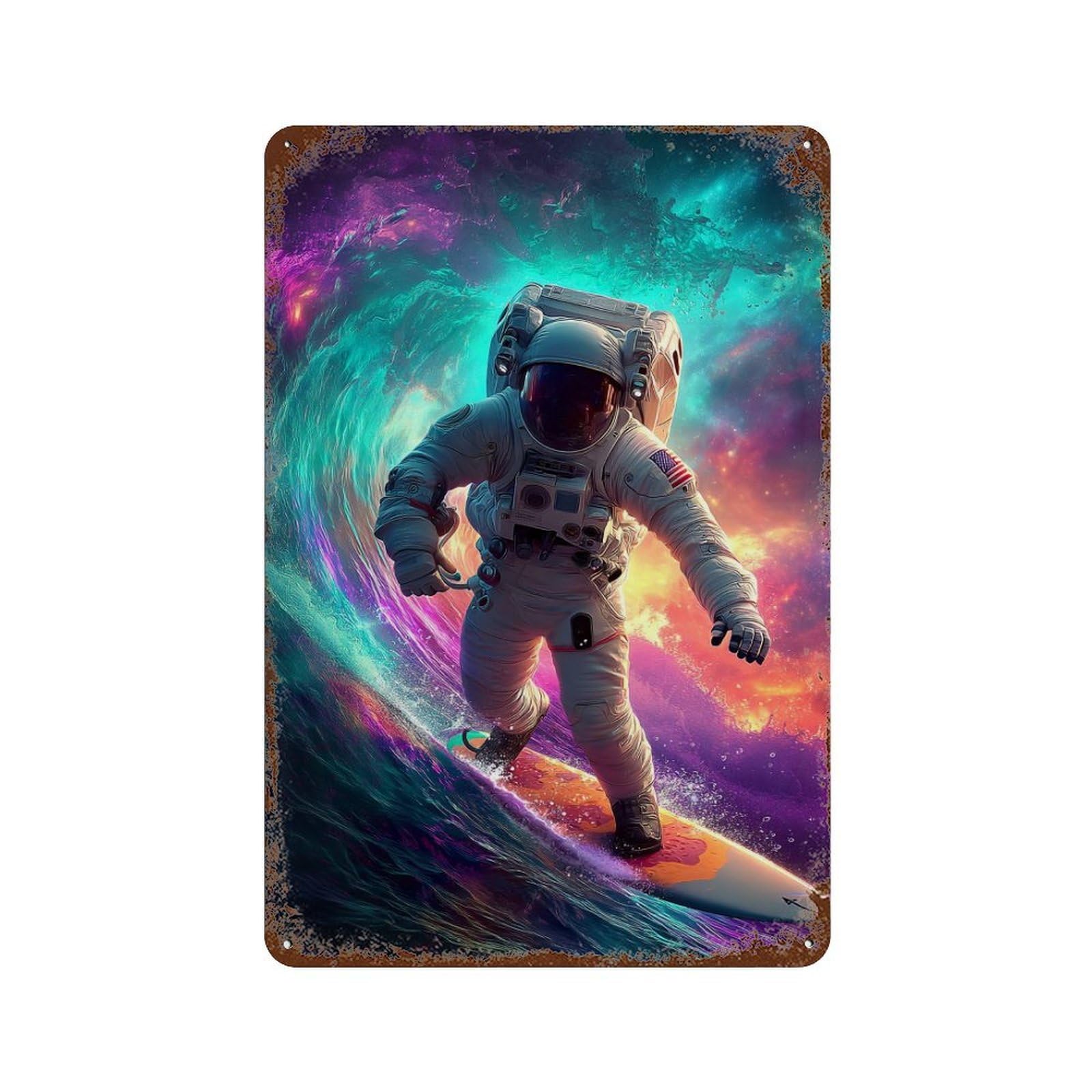 Rust Effect Astronaut Surfing in Space-3 Rusty Metal Tin Sign 11.8"x7.9", Old School Wall Decor for Garage, Bar And Workshop Decor