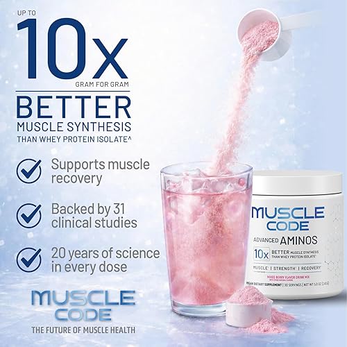 Miniatura 3 de Muscle Code Essential Aminoácido Powder Síntesis muscular, recuperación y fuerza Sabor natural de bayas mixtas 30 porciones Estudiado