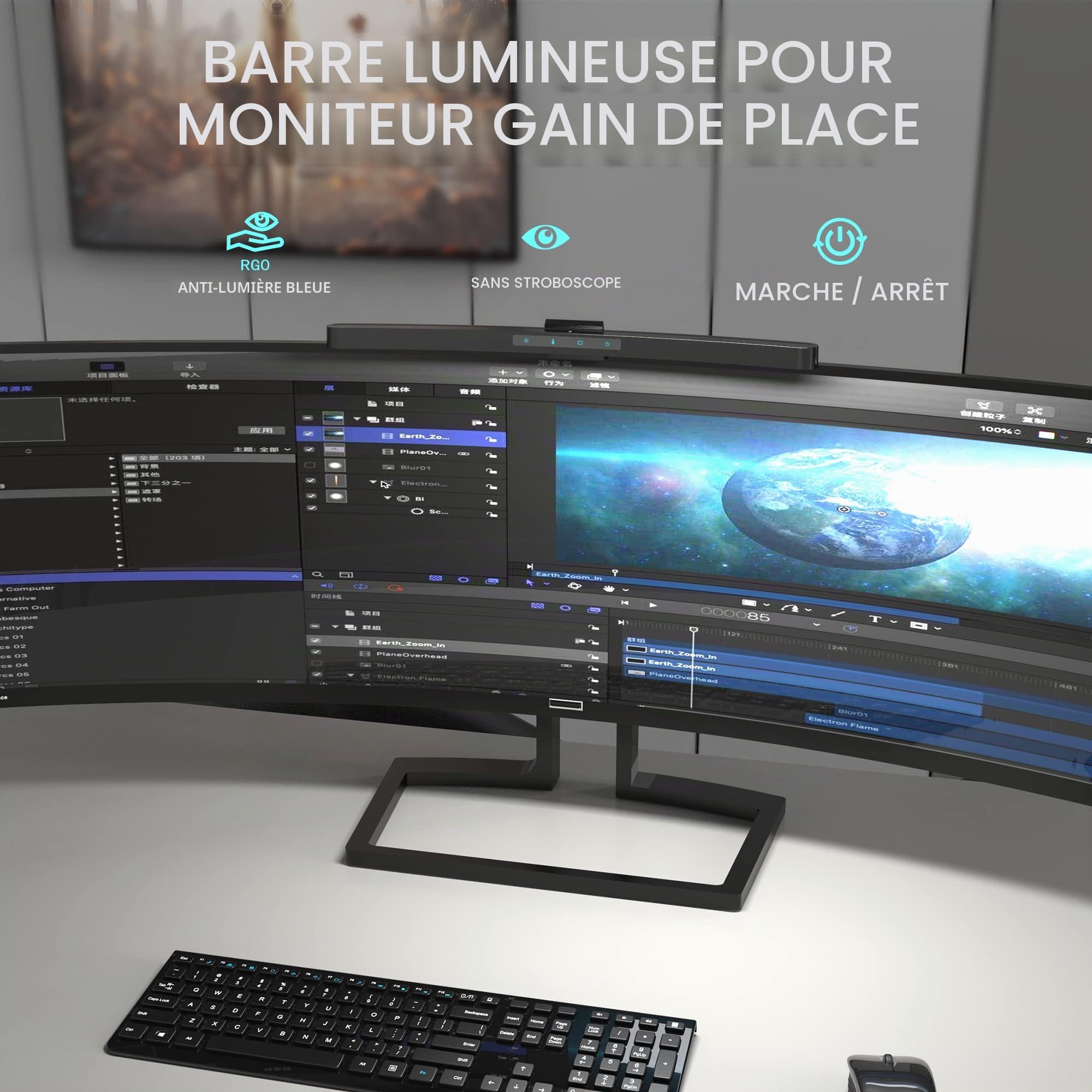 ONWAY Barre lumineuse incurvée avec télécommande sans fil, barre lumineuse avec gradation automatique et base de caméra, applicable à tous les écrans. Pas d'éblouissement d'écran, pour (basique)
