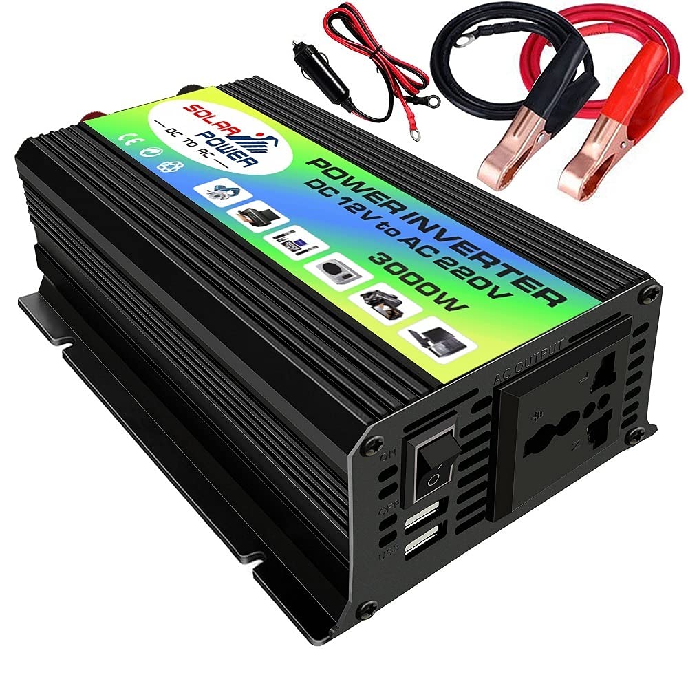Inversor,Inversor Onda Pura Carga USB 3000W DC 12V TO AC 220V Cargo DE POTERA DE ALIMENTACIÓN Portal Cargador Cargador Adaptador DC 12 A CA 220 Onda sinusoidal modificada(Black 12V to 220V)