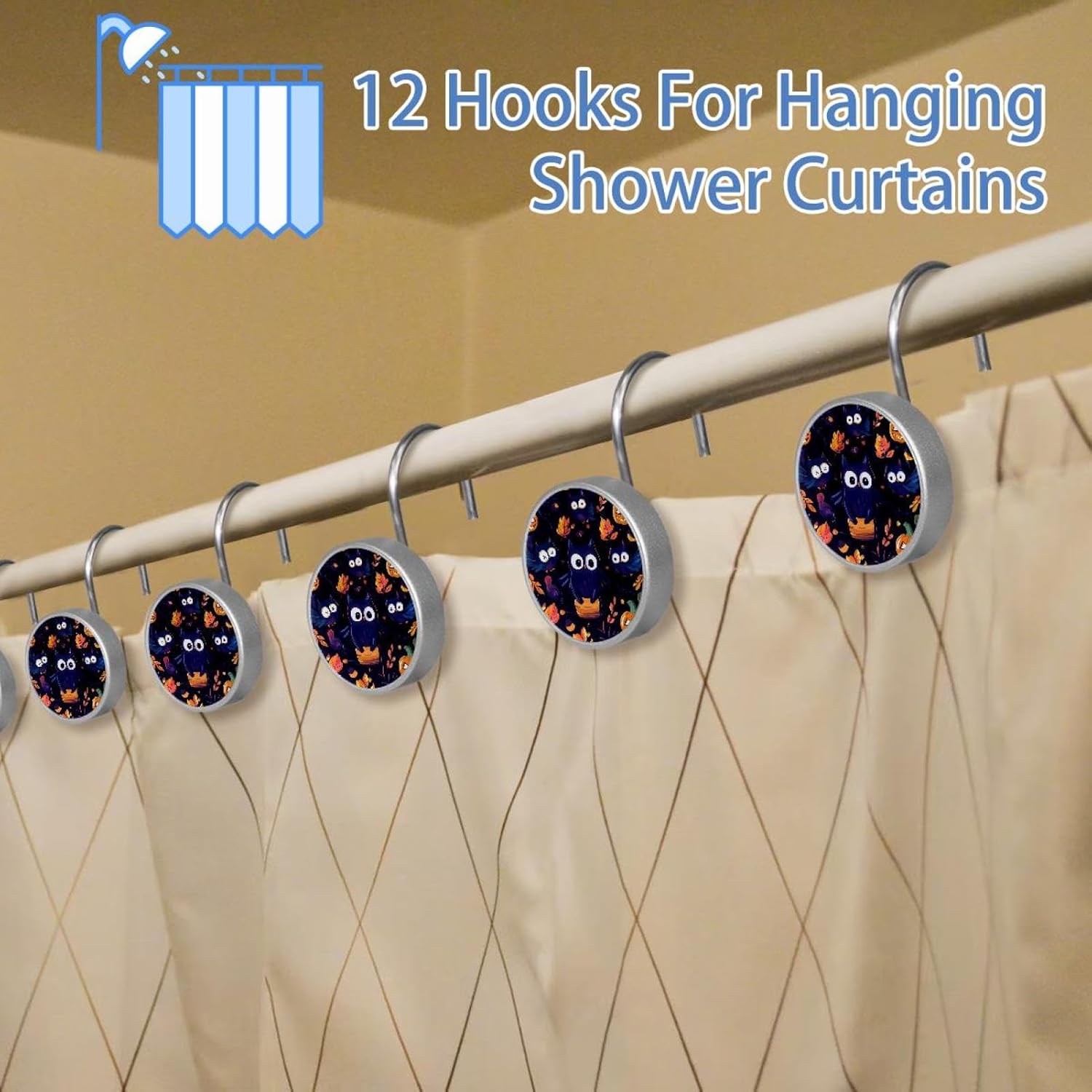 12PCS Halloween Shower Curtain Hooks Rings for Bathroom, Decorative Shower Curtain Hooks Rods Curtains and Liner