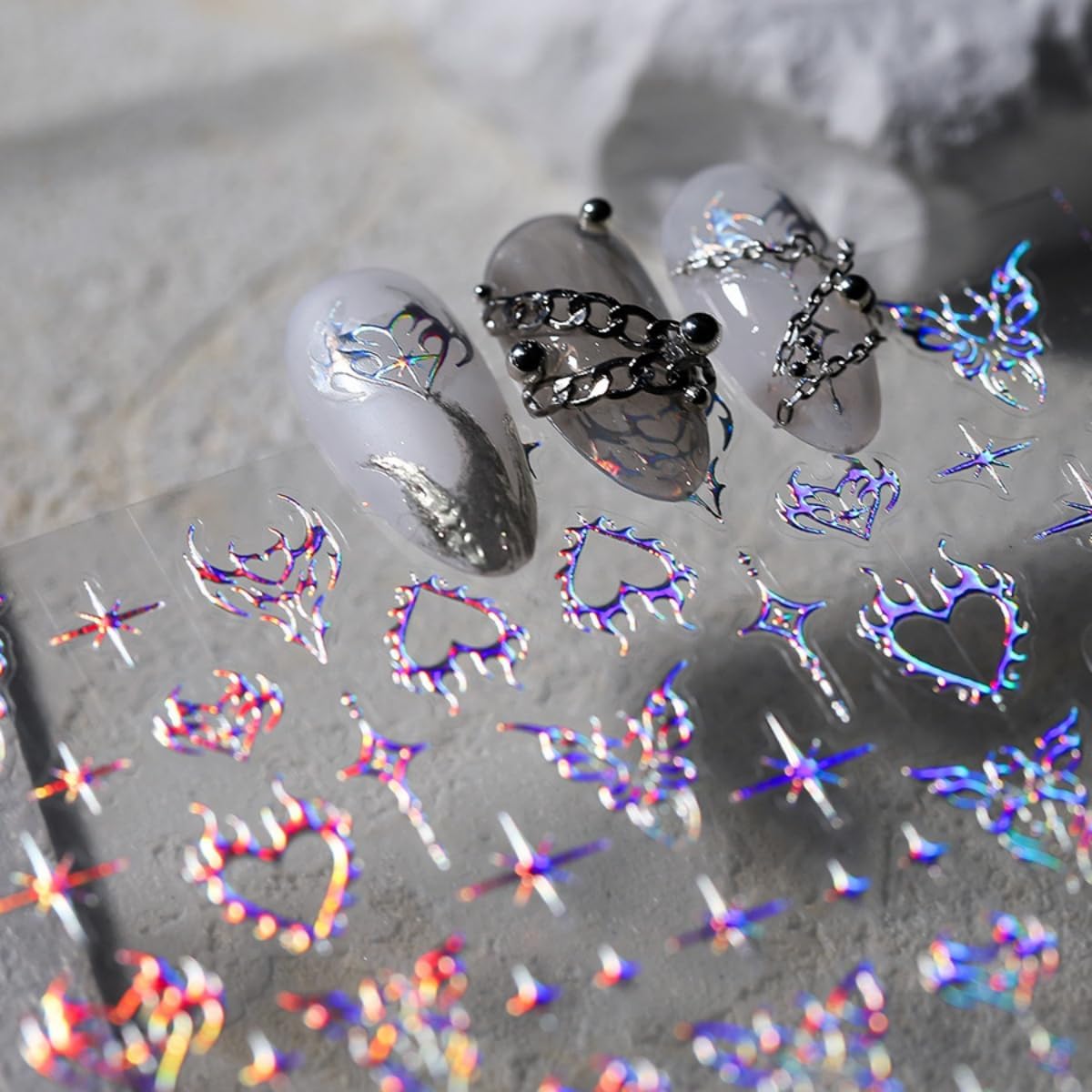 5D Embossed Star Nail Stickers Blue Aurora Nail Art Stickers Shiny Laser Nail Decals Self-Adhesive Heart Butterfly Designs Nail Art Supplies DIY Manicure Decoration for Women Girls image 3