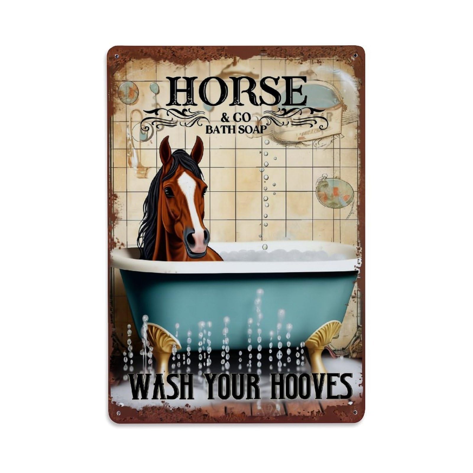 Jdfenggu Vintage Horse In Bathtub With Soap Bubbles Retro Metal Tin Sign, Decor Art Poster For Bar, Home, Man Cave, Kitchen, Laundry Room Gift 8X12inch